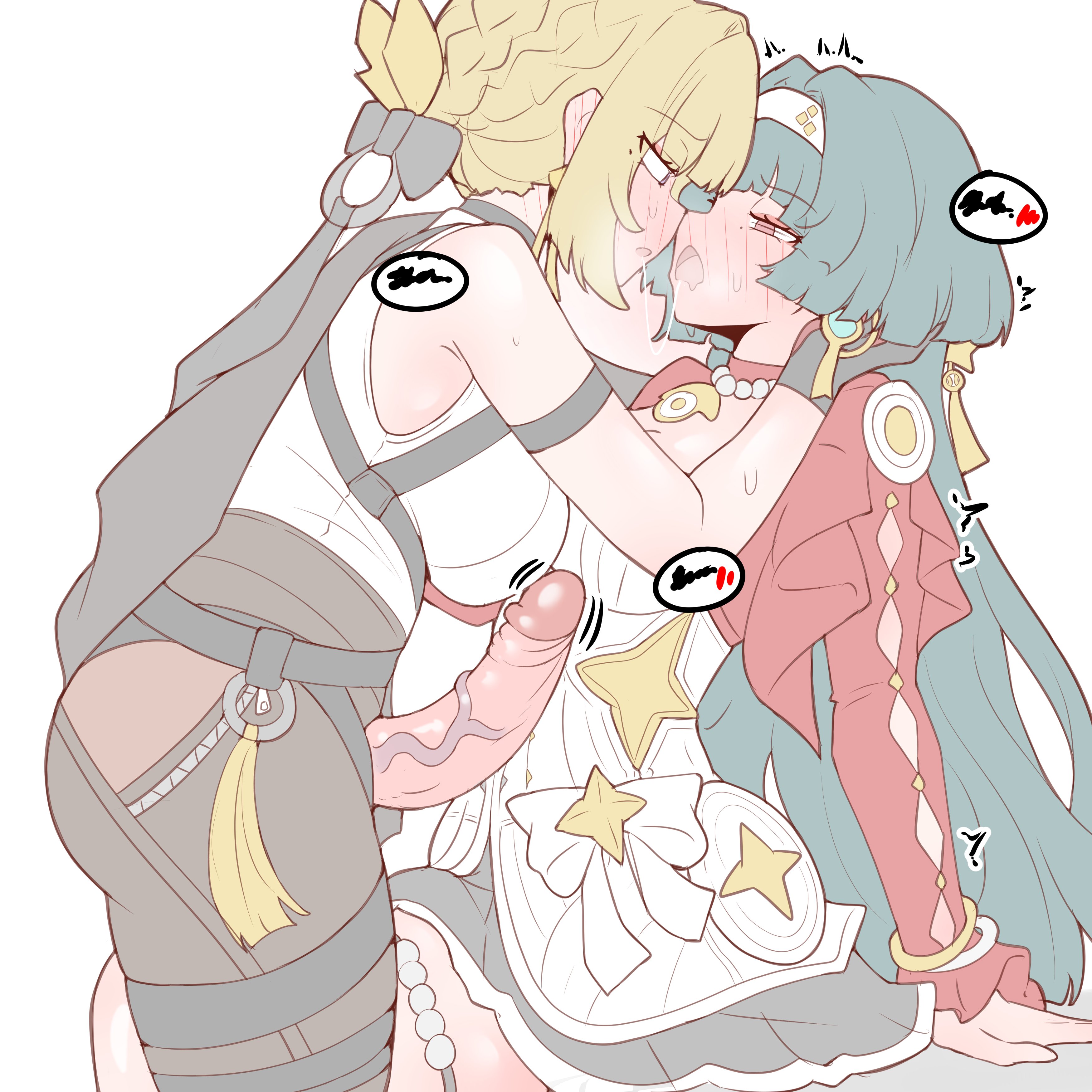 1futa, 1girls, after kiss, astra yao, blush, clothed, clothing, evelyn chevalier, female, french kiss, futa with female, futanari, human, imminent sex, intersex, korean text, light skin, light-skinned female, light-skinned futa, looking at another, mostly clothed, physisyoon, zenless zone zero