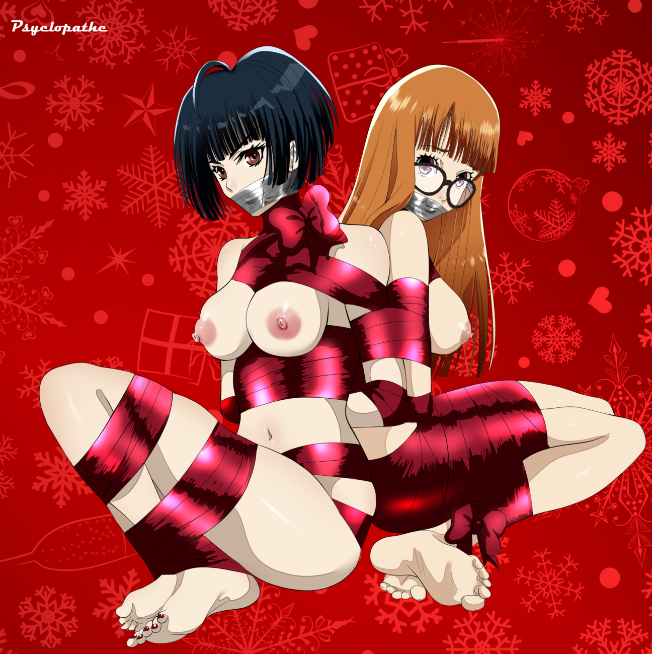2d, 2d (artwork), 2girls, artist signature, atlus, black hair, bondage, bound, bound together, breasts, breasts out, female, female focus, female only, gag, gagged, gagged female, gift wrapped, glasses, glasses on head, goth, goth girl, long hair, long orange hair, looking at viewer, nude, nude female, orange hair, persona, persona 5, petite, petite body, petite female, psyclopathe, ribbon bondage, sakura futaba, short black hair, short hair, tae takemi, tape, tape gag, taped mouth, thick thighs, thighs, wrapped, wrapped up, wraps
