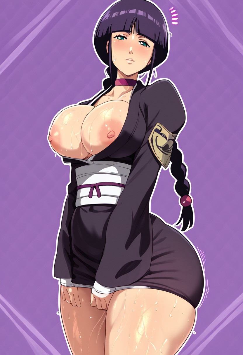 ai generated, areola, areolae, big breasts, big thighs, bleach, breasts, enormous breasts, female, female focus, female only, green eyes, huge breasts, huge thighs, kurotsuchi nemu, massive thighs, purple hair, simple background, sweat, sweaty, sweaty body, thick, thick thighs, thighs, zeca997