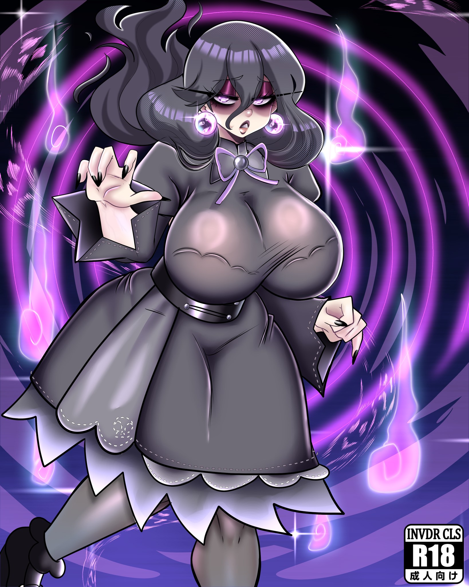 1girls, big breasts, breasts, creatures (company), dress, earrings, eyelashes, eyeshadow, female, female focus, female only, game freak, goth milf, hair between eyes, half-closed eyes, hex maniac, hex maniac (pokemon legends: z-a), huge breasts, invdrcls, jewelry, long hair, looking at viewer, makeup, nintendo, pantyhose, pokemon, pokemon legends: z-a, purple dress, purple eyes, purple eyeshadow, solo, standing