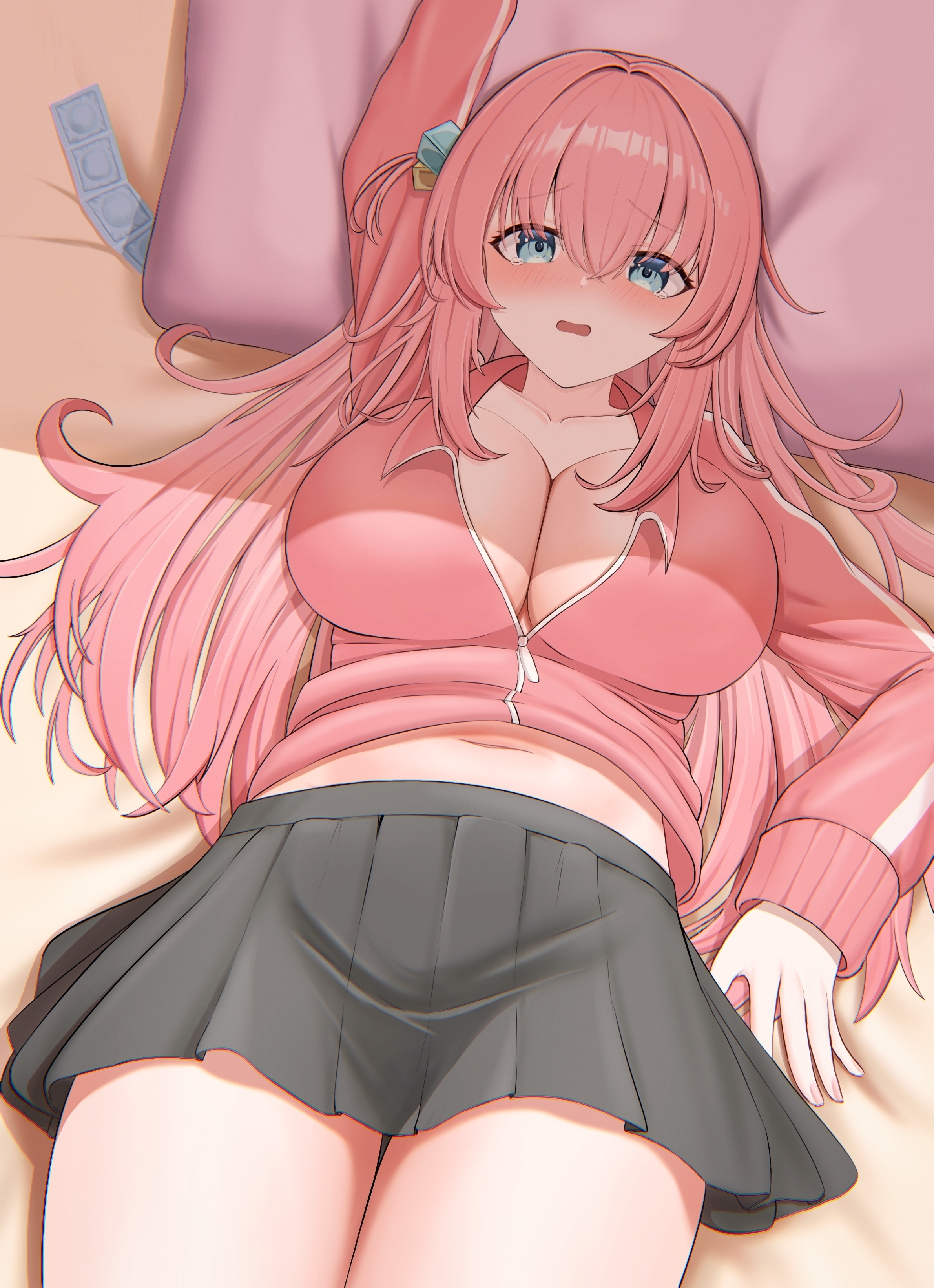 absurdres, black skirt, blue eyes, blush, bocchi the rock!, breasts, cleavage, collarbone, commentary request, condom, condom packet strip, condom wrapper, cube hair ornament, female, female only, gotou hitori, hair ornament, highres, long hair, lying, midriff peek, navel, on back, on bed, open mouth, pillow, pink hair, pink sweater, pleated skirt, side ahoge, skirt, solo, su su su, sweater, thighs, zipper pull tab