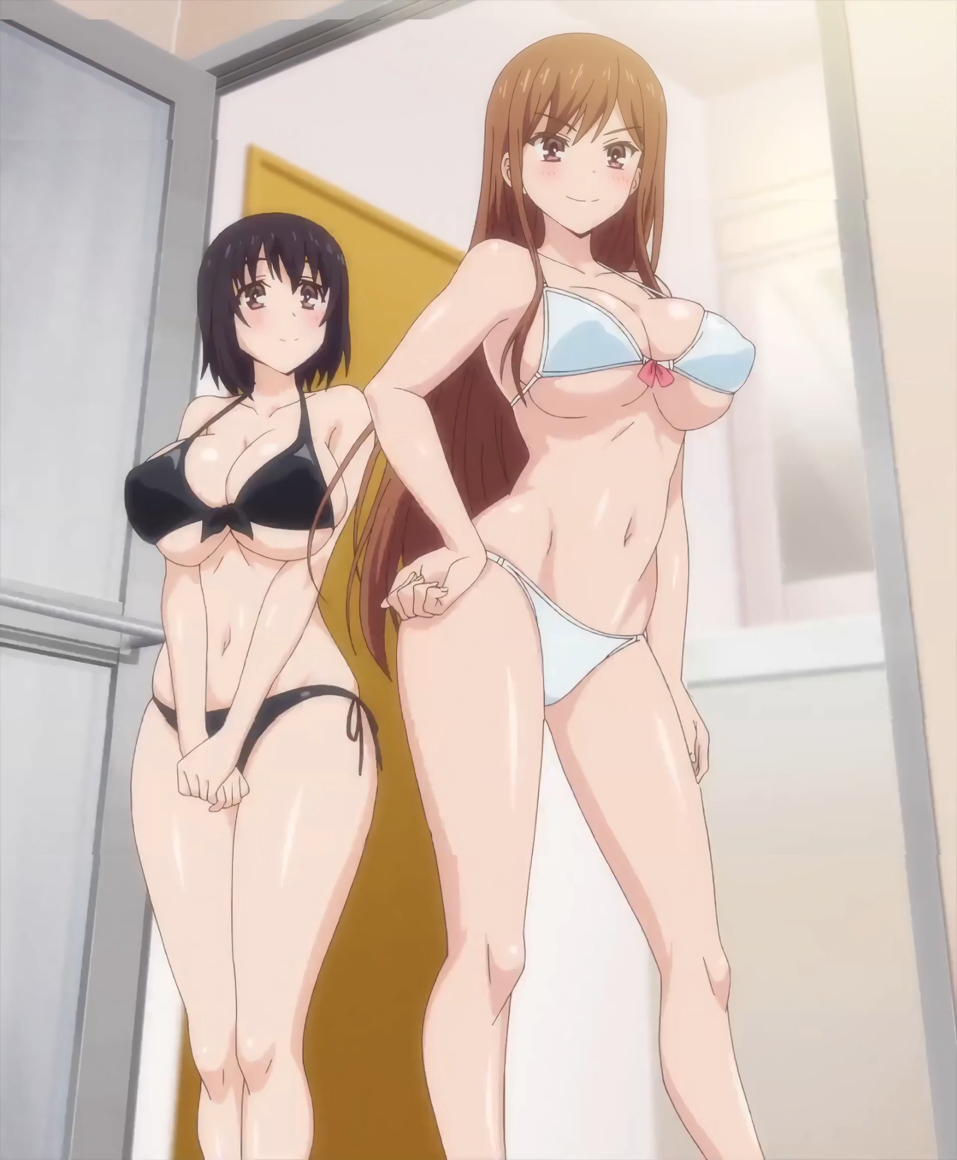 2girls, ass, ayane shirakawa, bathroom, big breasts, bikini, black bikini, black hair, black swimsuit, blush, breasts, brown hair, cleavage, curvaceous, female, hand on hip, high resolution, hokiboshi (company), kotone shirakawa, large breasts, long hair, multiple females, multiple girls, official art, overflow (series), partially clothed, purple eyes, screencap, screenshot, short hair, siblings, sisters, suiseisha, swimsuit, thighs, white bikini, white swimsuit, wide hips