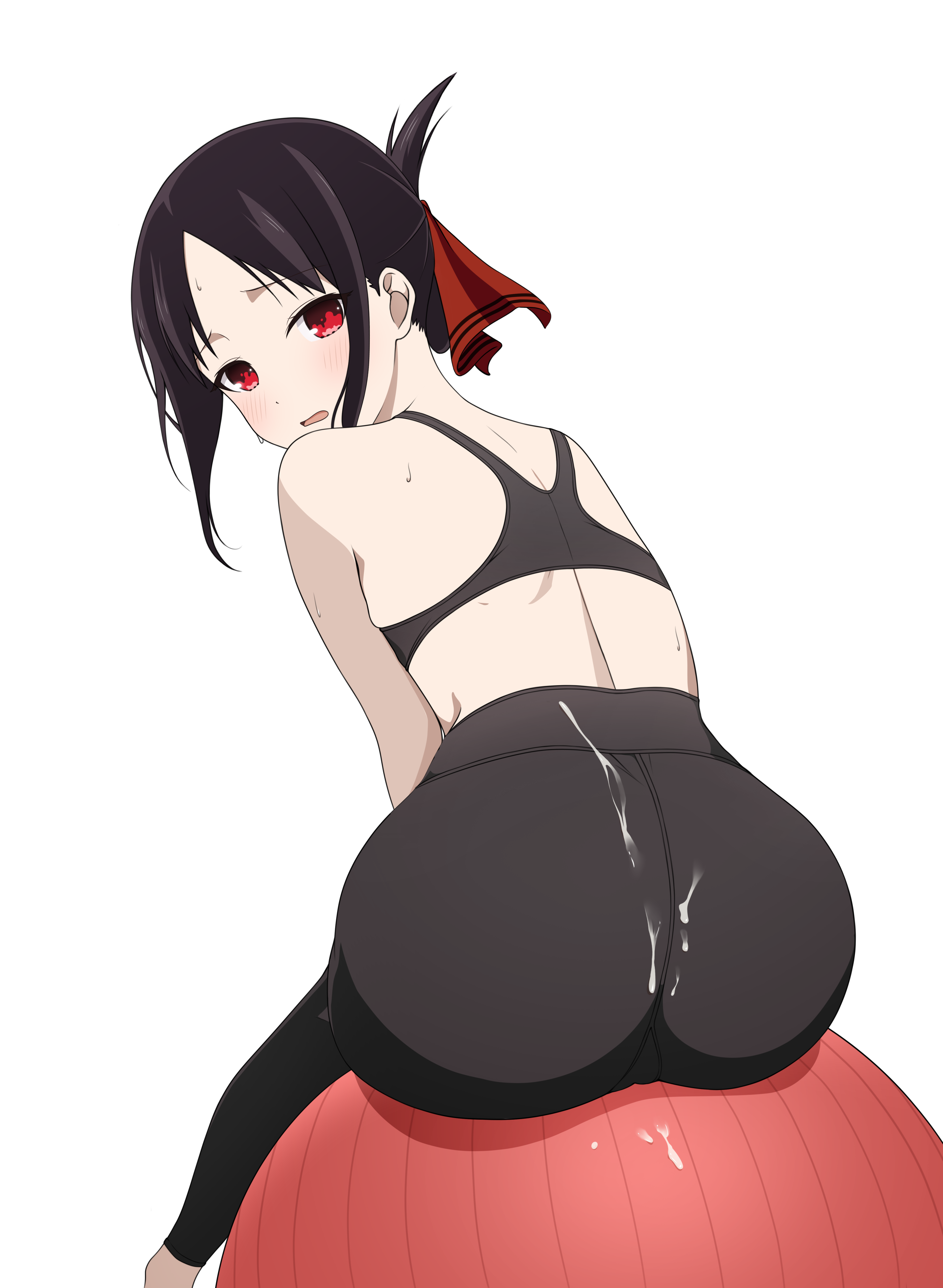 1girls, absurd res, absurdres, ass, ass focus, back, black hair, blush, clothed, clothed female, coro fae, cum, cum drip, cum on ass, cum on clothes, female, female only, from behind, gym clothes, hi res, highres, kaguya-sama wa kokurasetai ~tensai-tachi no renai zunousen~, light skin, light-skinned female, looking at viewer, red eyes, red ribbon, ribbon, shinomiya kaguya, sitting, solo, solo female, sports bra, sportswear, sweat, sweatdrop, sweating, white background