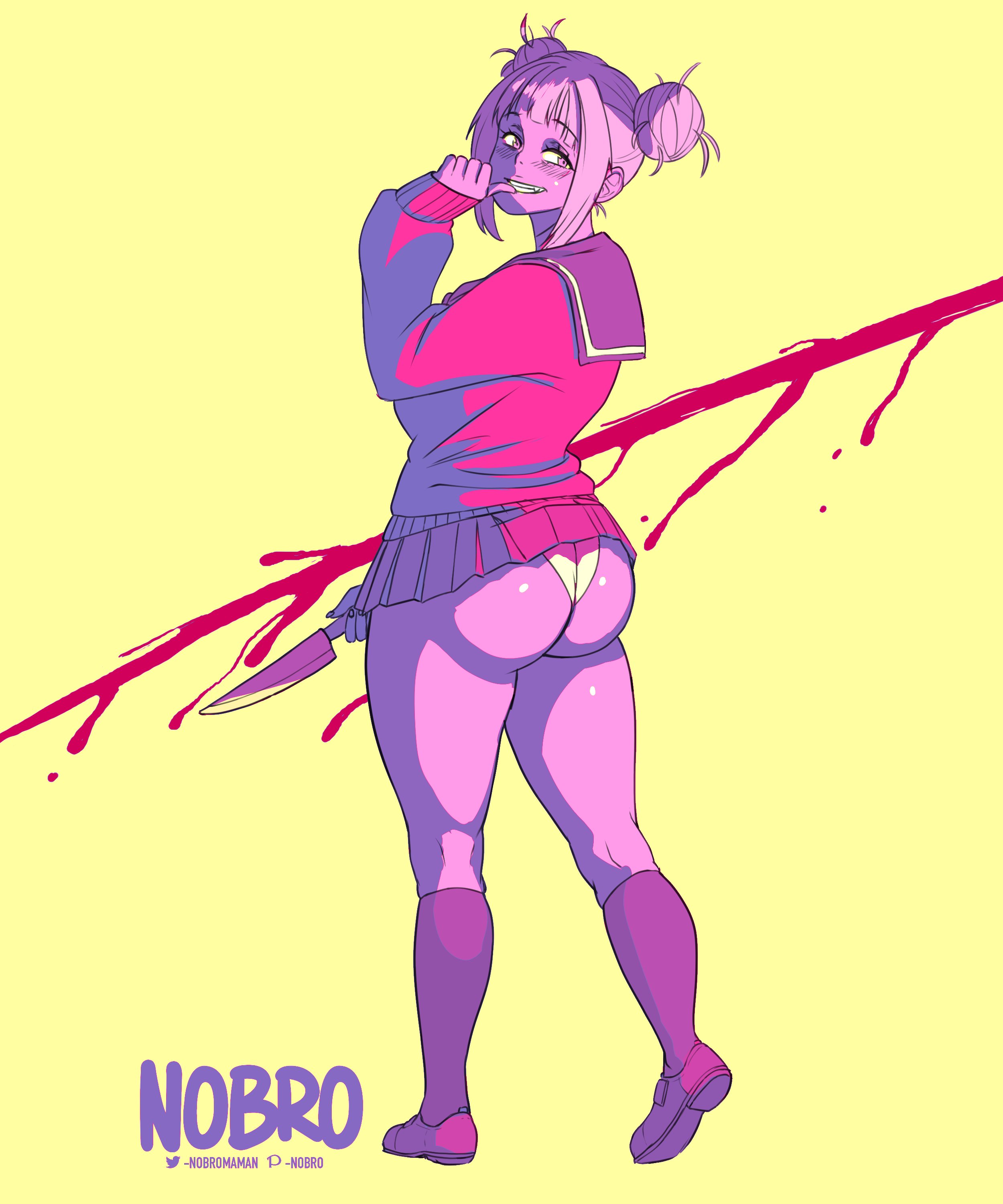 1girls, ass, back, big ass, breasts, clothed, double bun, eye contact, female, female only, grin, half-closed eyes, himiko toga, horny, human, knife, large breasts, light skin, light-skinned female, looking at viewer, looking back, microskirt, my hero academia, nobro, panties, patreon, pubes, shoes, short hair, skirt, smile, solo, teeth, text, thick thighs, twitter username, watermark, weapon, wide hips, yellow background