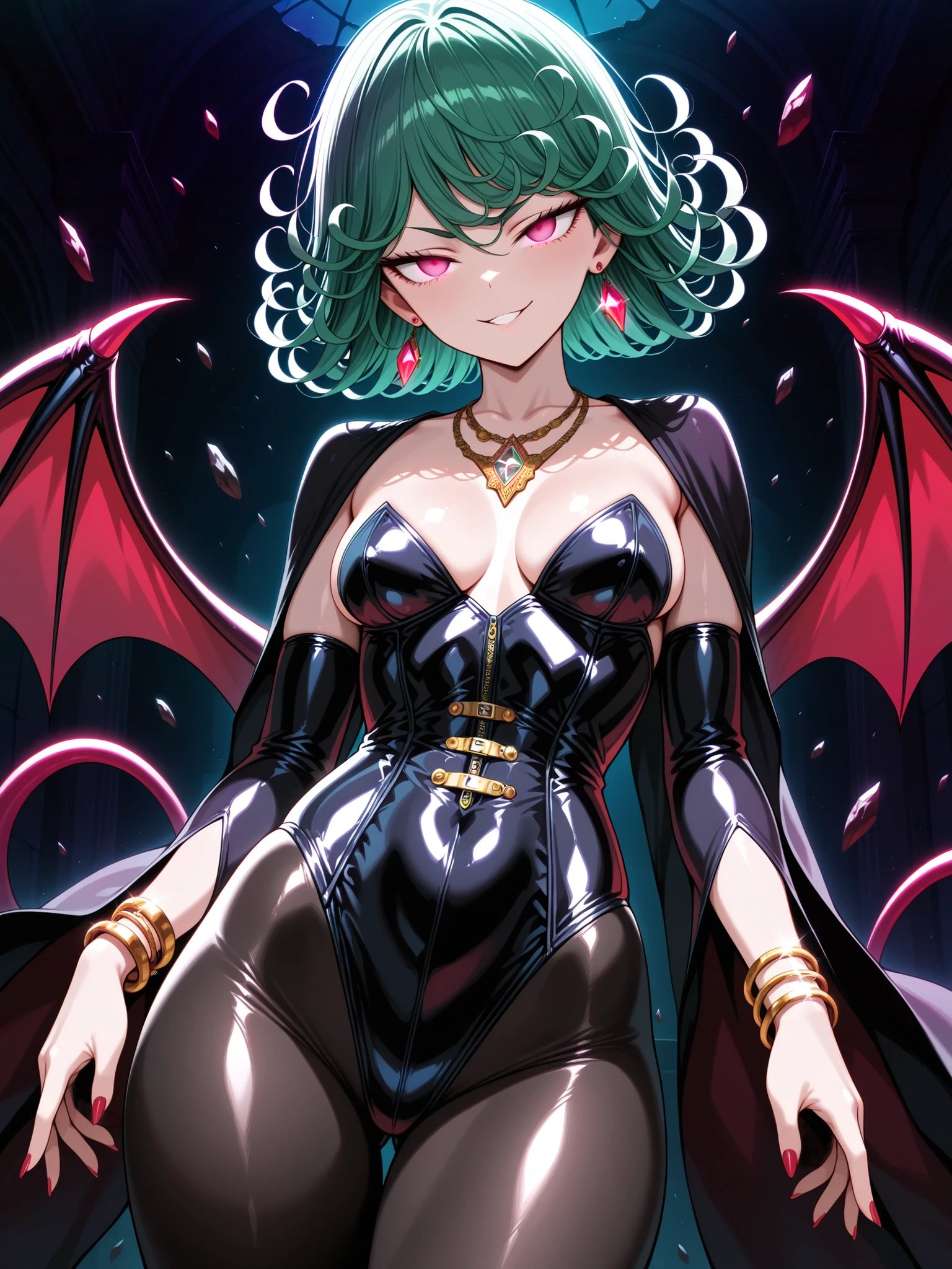 ai generated, corrupted, corruption, demon, female, female only, femsub, green hair, hypnosis, mcdaisukimen, mind control, one-punch man, pink eyes, short hair, solo, succubus, succubus wings, tatsumaki, wings
