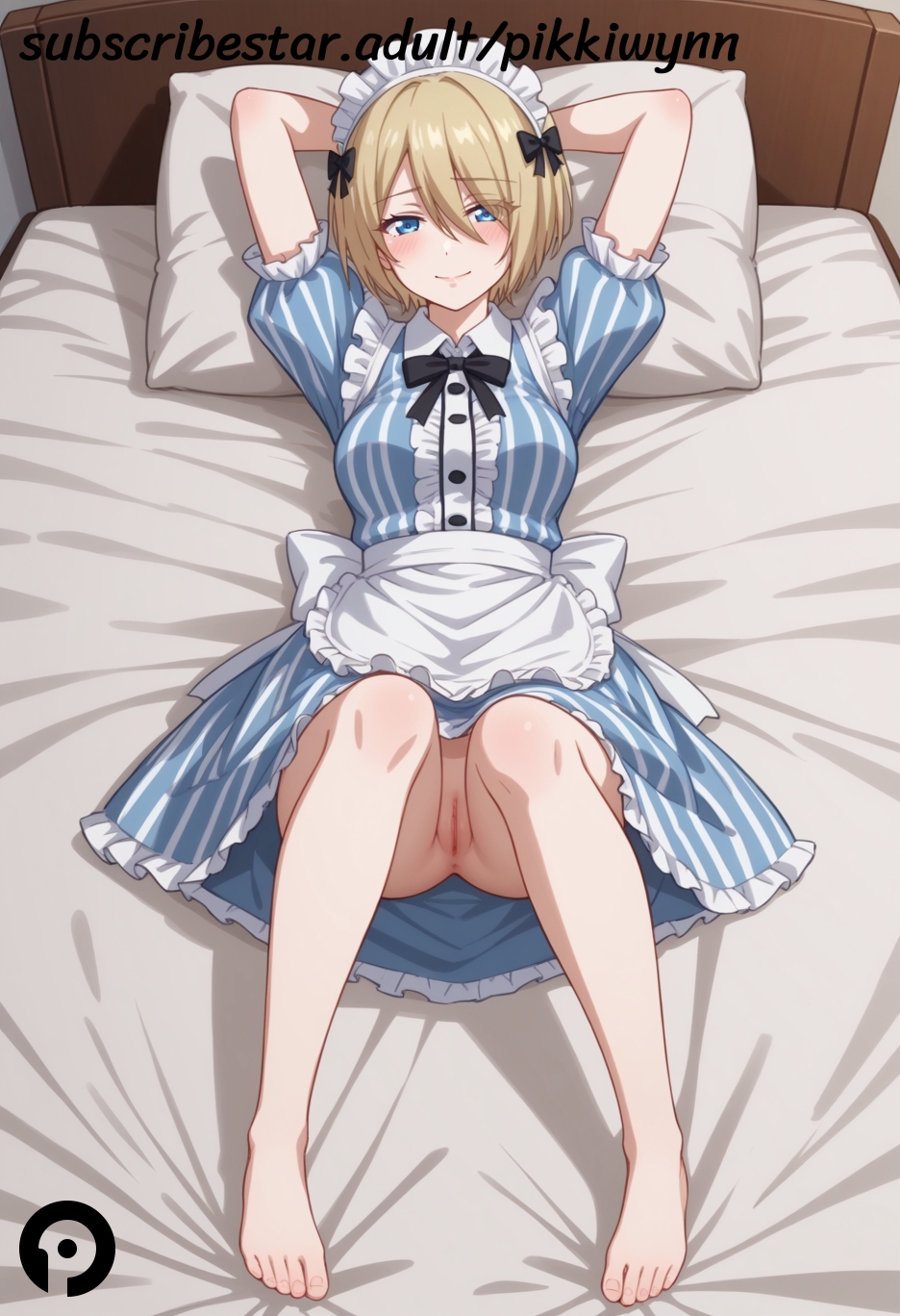 ai_generated alternate_costume anus apron arms_behind_head arms_up bangs bare_legs barefoot bed bed_sheet black_bow black_ribbon blonde_hair blue_dress blue_eyes blush bow breasts closed_mouth dress eyes_visible_through_hair feet female frilled_apron frilled_dress frills full_body hair_between_eyes hairbow hououji_akane legs looking_at_viewer lying maid maid_apron maid_headdress medium_breasts megami_no_kafeterasu no_panties on_back on_bed pikkiwynn pillow puffy_short_sleeves puffy_sleeves pussy ribbon short_hair short_sleeves smile solo striped striped_dress toes vertical-striped_dress vertical_stripes waist_apron white_apron