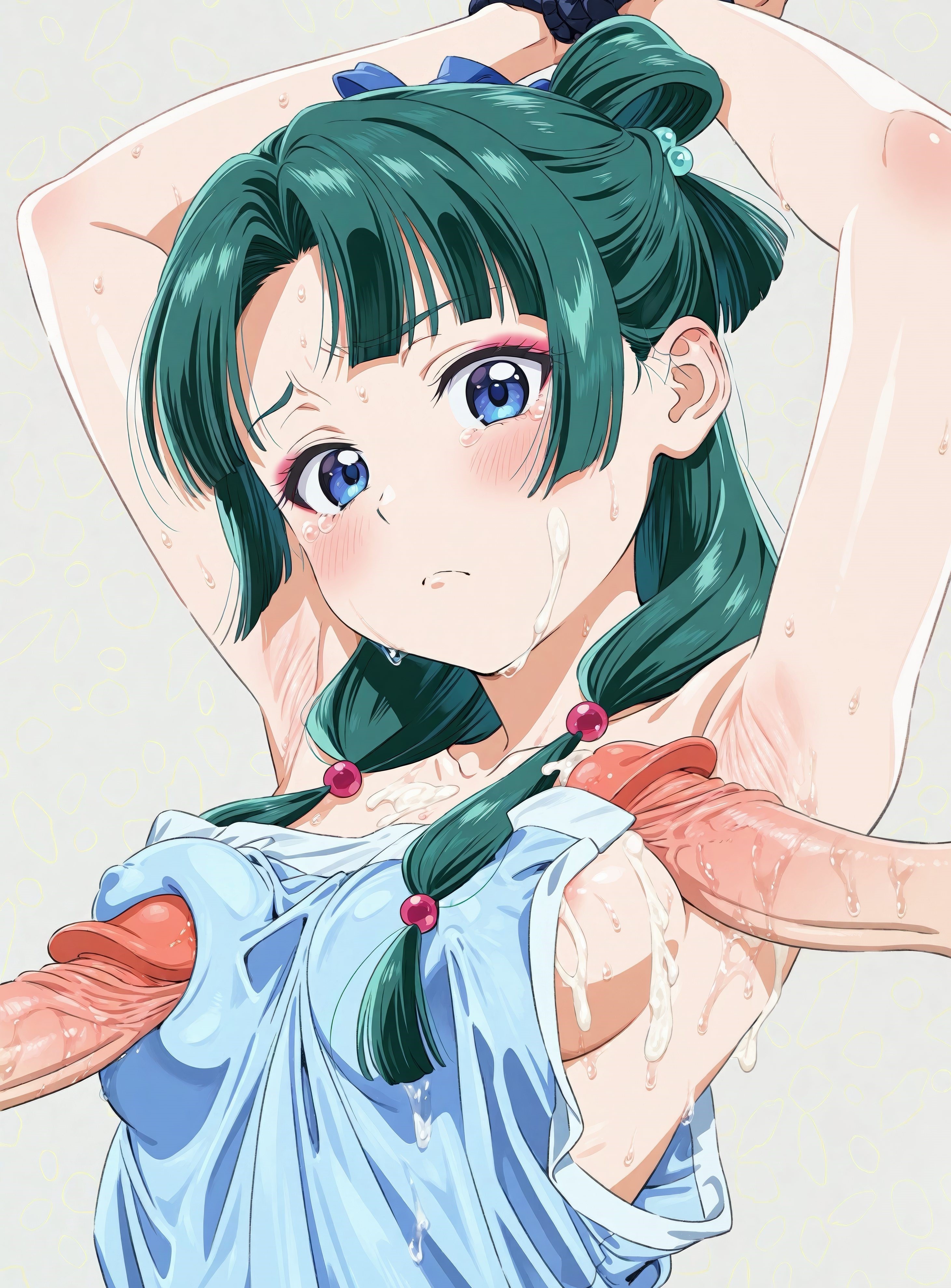 2boys, ai generated, areola slip, armpit sex, armpits, arms up, beads, blue eyes, blush, bound, bound wrists, breasts, closed mouth, cum, cum on body, cum on breasts, cum on clothes, facial, female, fluffyhairenjoyer, green hair, grey background, group sex, hair beads, hair bobbles, hair ornament, kusuriya no hitorigoto, long hair, looking at viewer, male, maomao (kusuriya no hitorigoto), medium breasts, mmf threesome, multiple boys, multiple males, penis, penis to breast, simple background, solo focus, straight, sweat, tearing up, tears, threesome, uncensored, upper body