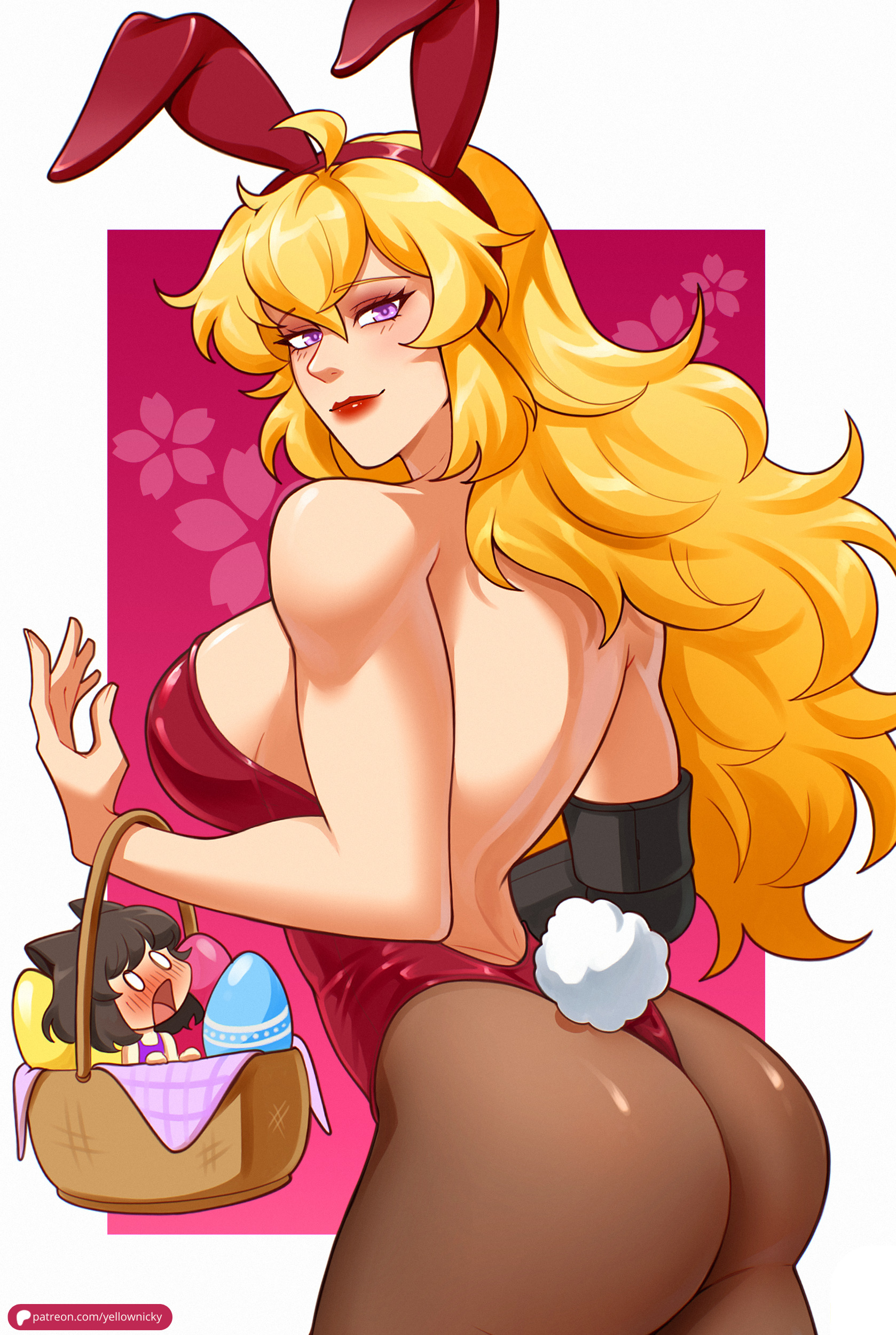 1girls, ass, ass focus, big ass, big breasts, blake belladonna, blonde hair, breasts, bunny ears, bunny girl, bunny tail, bunnysuit, easter, easter egg, female, female only, light skin, light-skinned female, rwby, yang xiao long, yellow nicky (artist)