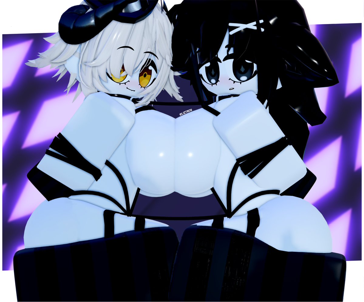 2girls, 3d, big breasts, black eyes, black hair, breasts, breasts pressed against partner, breasts squeezed together, female, l1ztroy, roblox, robloxian, source request, thick thighs, white hair, white skin, yellow eyes