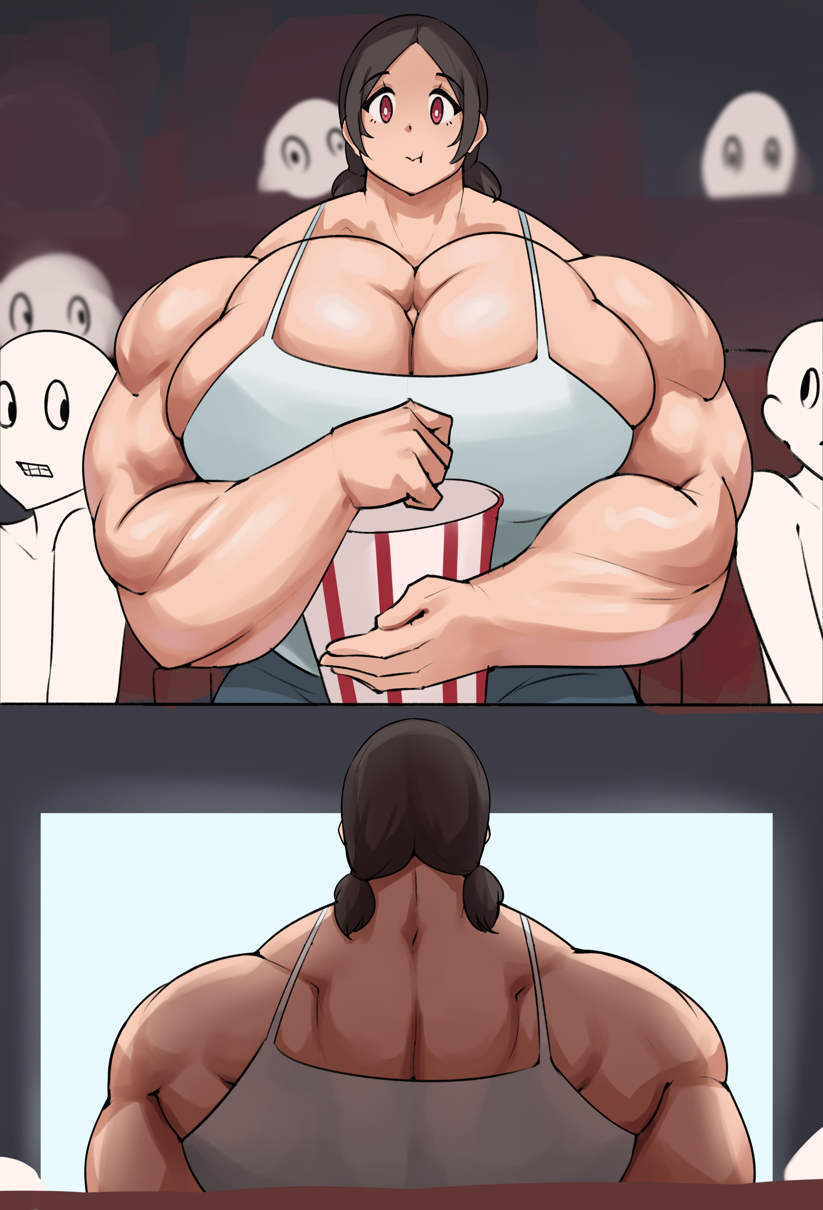 1girls, back muscles, breasts, bulky, bulky female, cinema, female, larger female, movie theater, muscles, musctonk, muscular, muscular arms, muscular breasts, muscular female, pecs