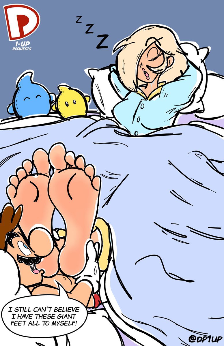 bed, bedroom, closed eyes, comic, dialogue, dp1up, feet, foot fetish, happy, mario, mario (series), meaty soles, princess rosalina, sleeping, soles, sucking, tired, toes, unaware, worship