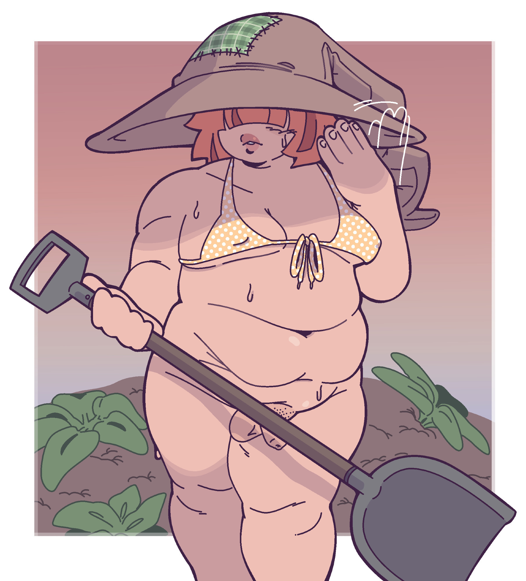 1boy, bikini top, bottomless, casual nudity, chubby, chubby femboy, color, eyes not visible, fat, fat male, femboy, flaccid, foreskin, front view, glassesfetish, light-skinned femboy, male, male only, male witch, mostly nude, orange hair, outdoors, overweight femboy, penis, pin-up, pinup, pubic stubble, russet (glassesfetish), simple background, small penis, solo, standing, sweat, thick thighs, tummy, uncircumcised, witch, witch hat, worklunchbox