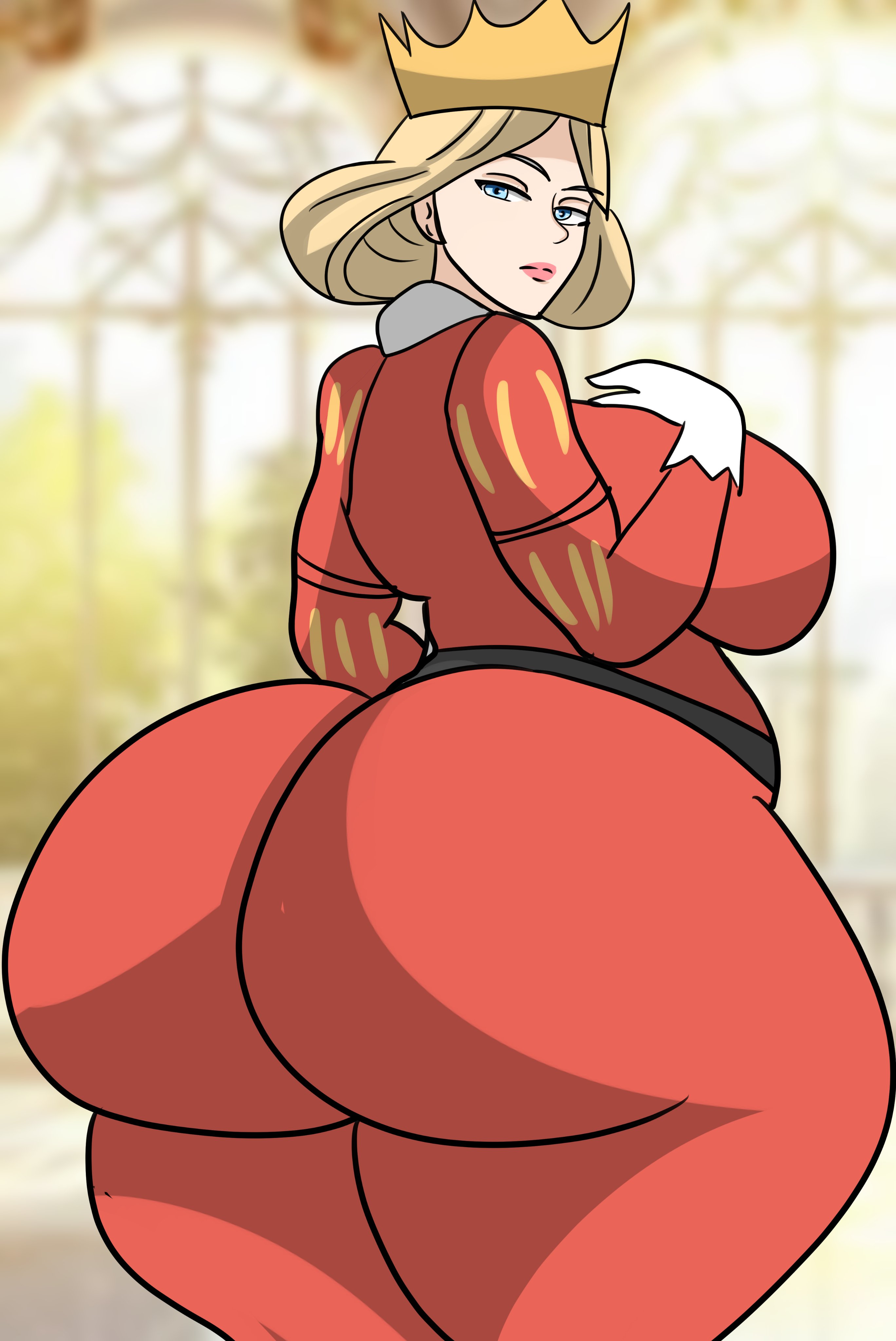 ass, back view, big ass, blonde hair, blue eyes, breasts, clothed, female, huge breasts, jpg, ousama ranking, queen hilling, shinyoppai, tagme, twitter link