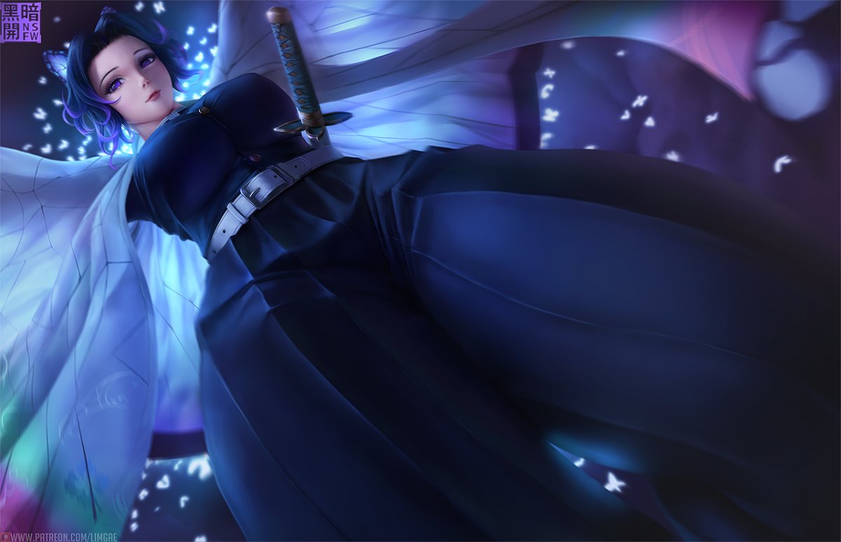 1girls, big breasts, black hair, bra, breasts, butterfly hair ornament, cleavage, clothed, demon slayer, detailed, female, female only, fully clothed, haori, high resolution, highres, kimetsu no yaiba, kochou shinobu, large breasts, limgae, looking at viewer, low-angle view, panties, realistic, solo, sword, violet eyes, weapon