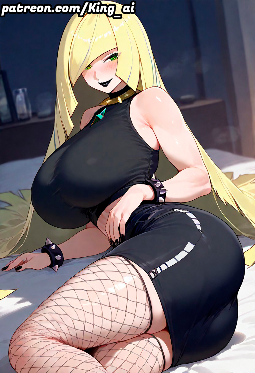 1girls ai_generated ass big_ass big_breasts black_eyeliner black_lips black_lipstick black_nails breasts emo female fishnets king_ai lipstick lusamine_(pokemon) nail_polish pokemon pokemon_sm spiked_bracelet spiked_collar stable_diffusion thighs