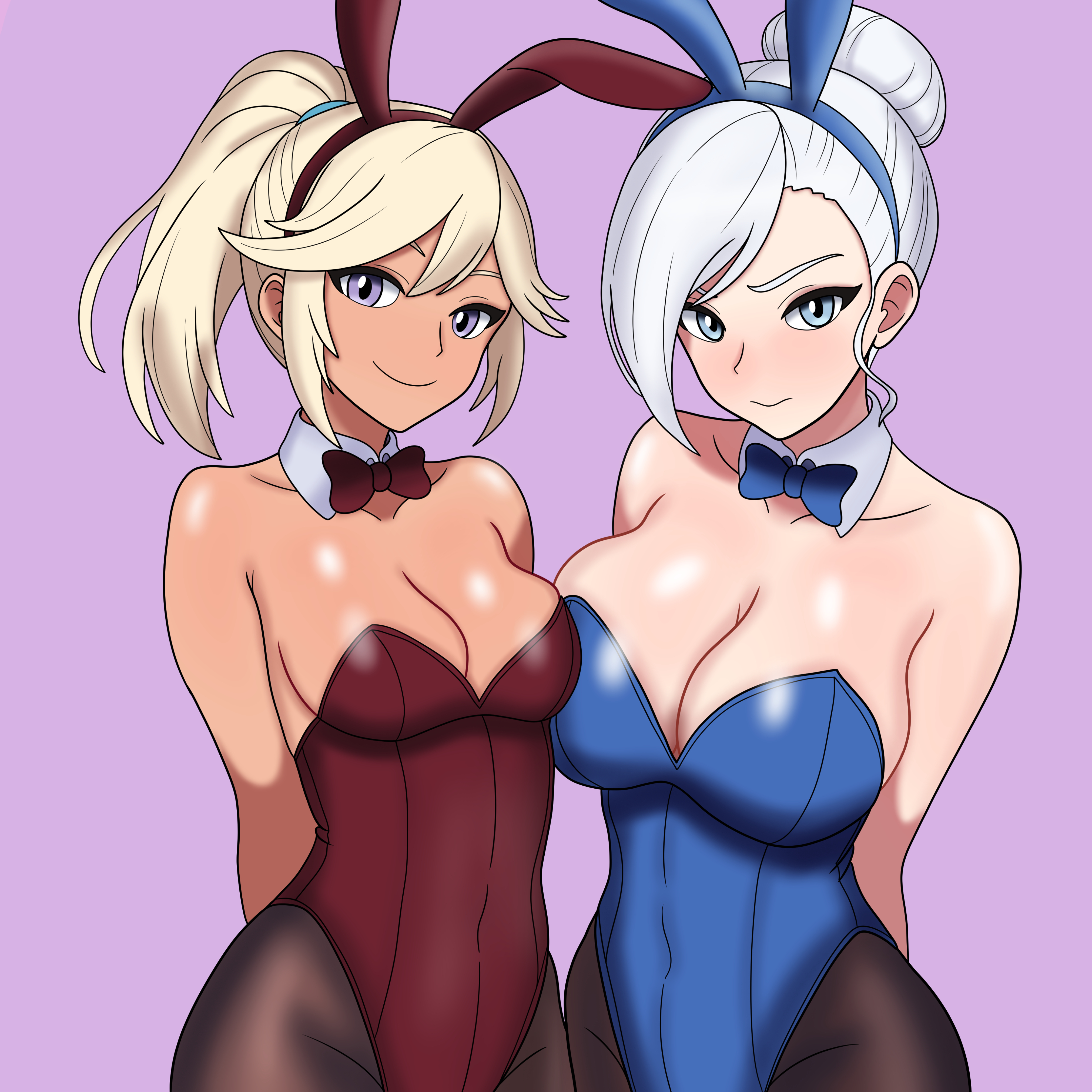 2girls, alternate breast size, blonde hair, blue eyes, bojack198, breasts, dark skin, dark-skinned female, female, lavender eyes, light skin, light-skinned female, pale skin, pale-skinned female, robyn hill, rwby, white hair, winter schnee