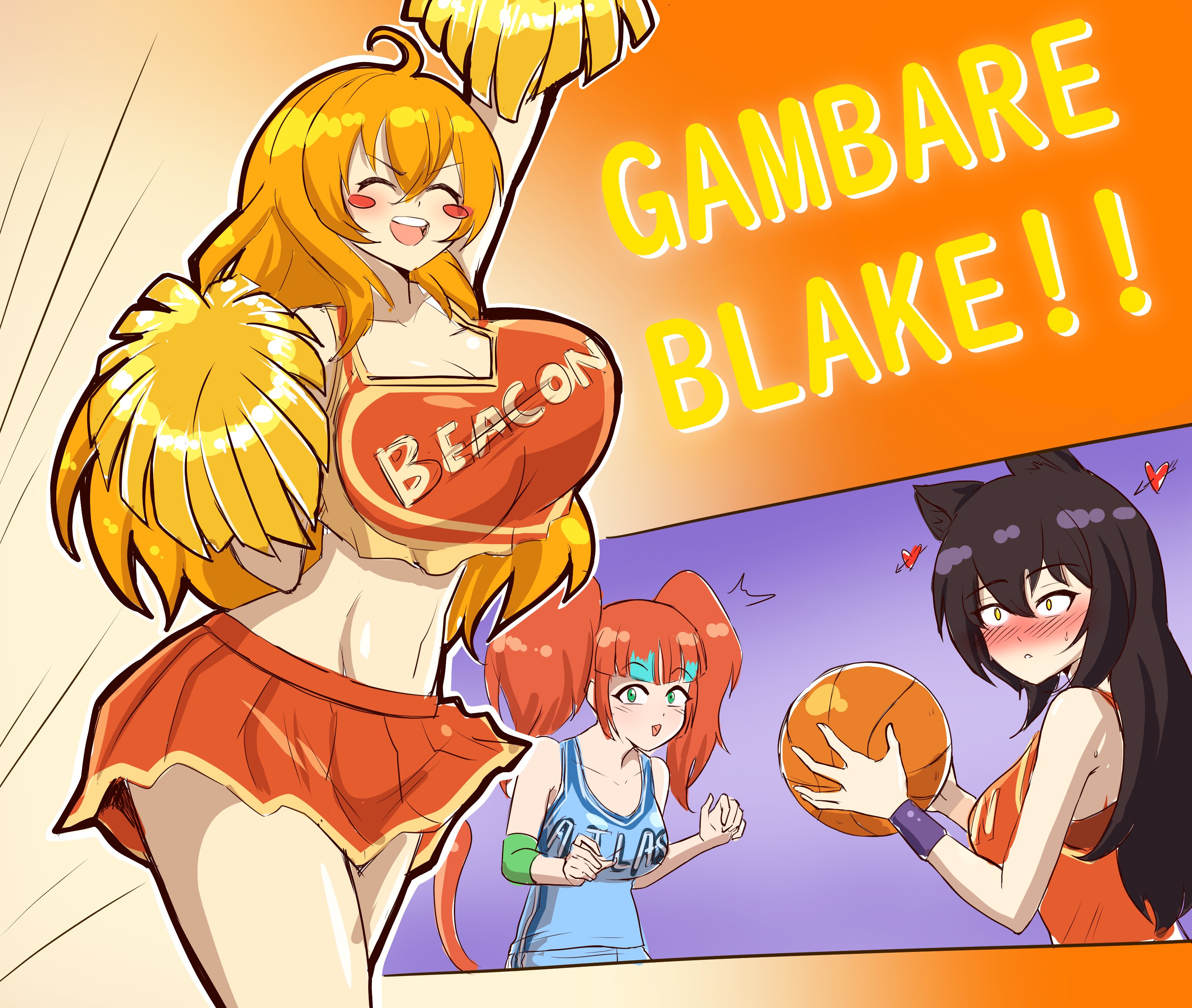 3girls, 64571, 6457i, basketball uniform, black hair, blake belladonna, blonde hair, cat girl, catgirl, cheerleader outfit, cheerleader uniform, female, female only, multiple females, multiple girls, neon katt, rwby, yang xiao long
