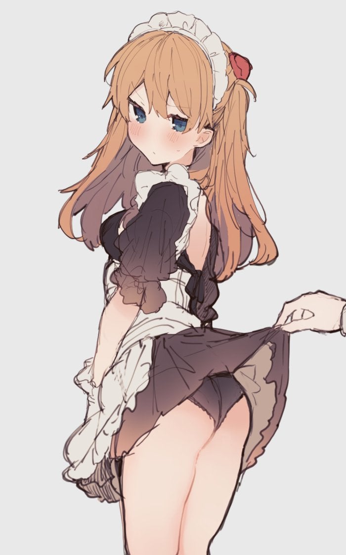 assisted exposure, asuka langley sohryu, blue eyes, blush, brown hair, clothing, female, maid, maid uniform, neon genesis evangelion, panties, skirt, skirt lift, thighs