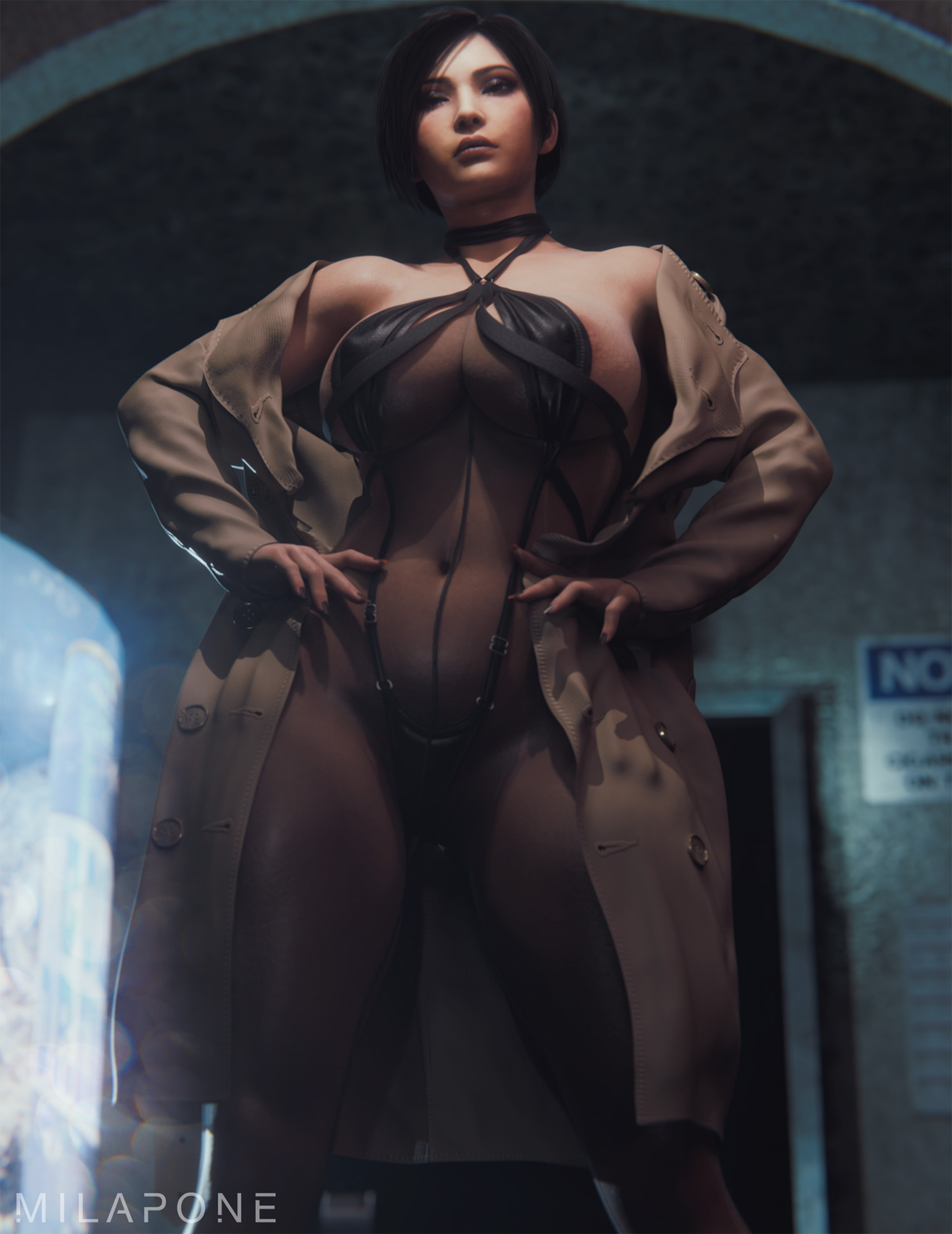 1girls, 2025, 3d, ada wong, ada wong (adriana), alternate body type, areolae, areolae slip, biohazard, black hair, breasts, brown eyes, clothed, clothed female, covered breasts, covered nipples, dark red nail polish, detailed background, erect nipples, erect nipples under clothes, eyeshadow, female, female only, front view, halterneck, hands on hips, highleg one-piece swimsuit, huge breasts, indoors, legs apart, lipstick, long fingernails, looking at viewer, low-angle view, makeup, milapone, muscular, muscular thighs, nail polish, nipples, one-piece swimsuit, painted nails, pokies, resident evil, resident evil 2, resident evil 2 remake, resident evil 4, resident evil 4 remake, see-through swimsuit, short hair, skimpy, skimpy clothes, solo, trenchcoat, voluptuous, voluptuous female