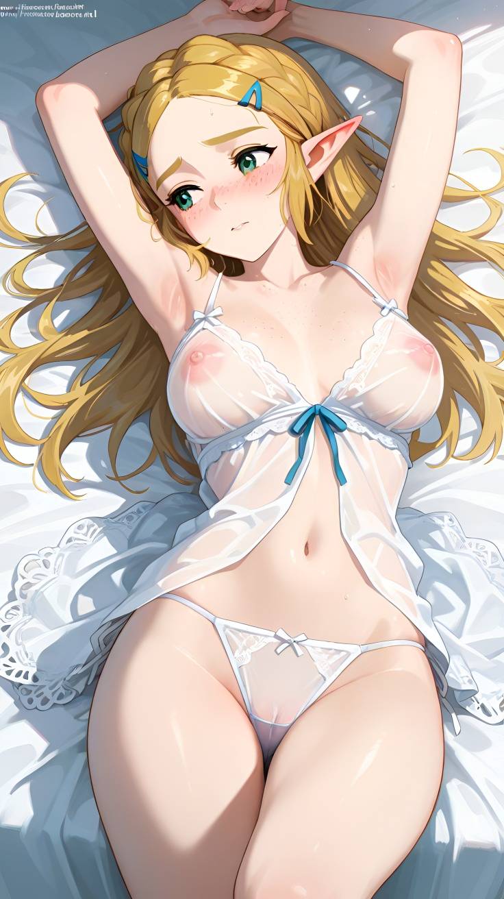 1girls, ai generated, ai-fantasies, arms up, blonde-haired female, blushing female, breasts, breasts visible through clothing, female, female only, freckles, freckles on face, green-eyed female, hairclips, hairless pussy, hands up, long-haired female, lying on back, lying on bed, navel, nightgown, nintendo, nipples visible through clothing, pointy ears, princess zelda, pussy, pussy visible through panties, see-through clothing, see-through panties, solo female, the legend of zelda