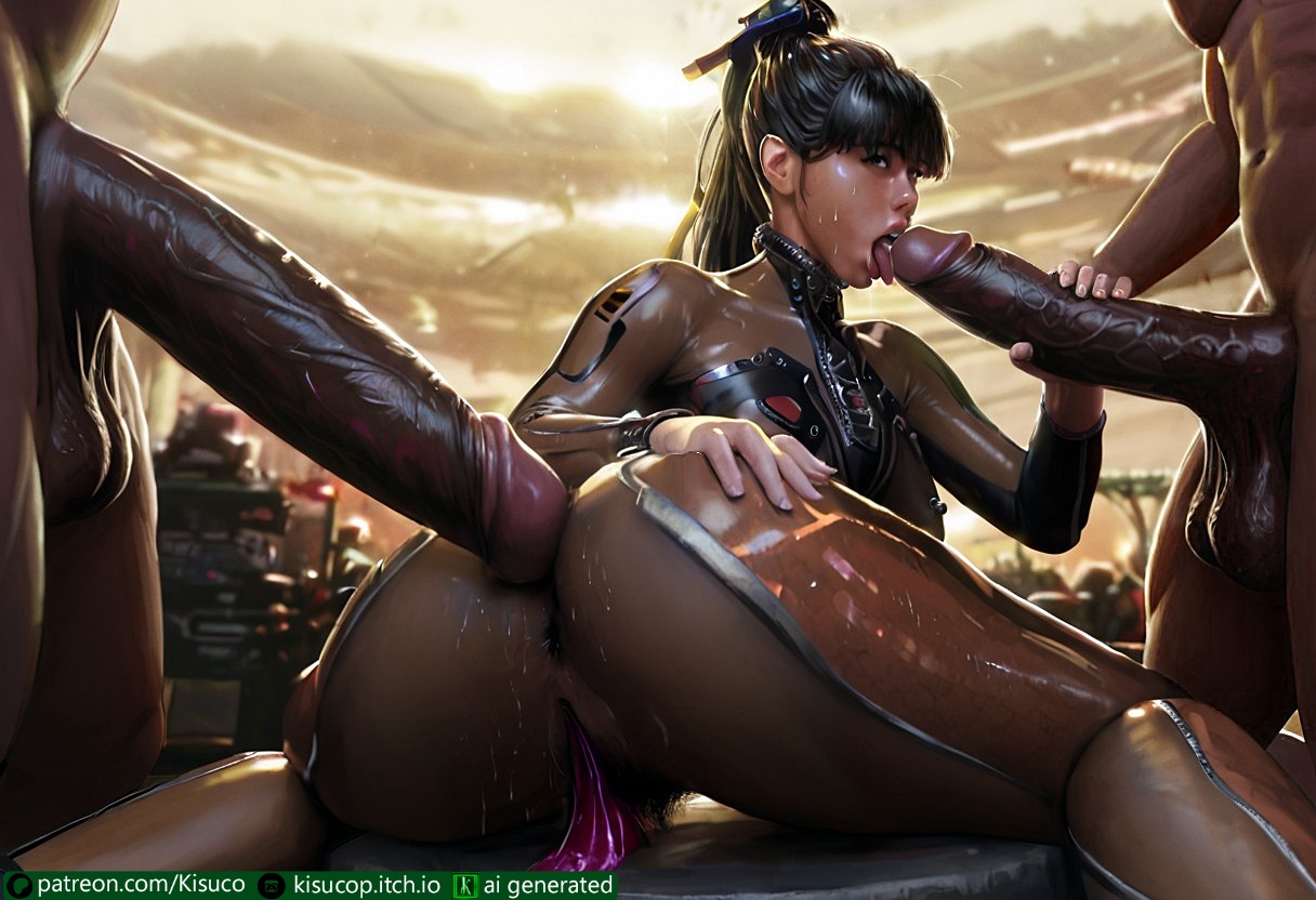 1girls, 2boys, after sex, after vaginal, ai generated, android, android girl, balls, black hair, blowjob, dark skin, dark-skinned male, eve (stellar blade), excessive cum, fellatio, female, fringe hair, hand on head, huge cock, imminent anal, inexperienced, interracial, kisuco, lewd, licking penis, light skin, light-skinned female, lips on penis, long hair, looking back, looking up, male, pale skin, pale-skinned female, penis, ponytail, pussy, realistic, skinsuit, stellar blade, sucking penis, sweatdrop, used condom