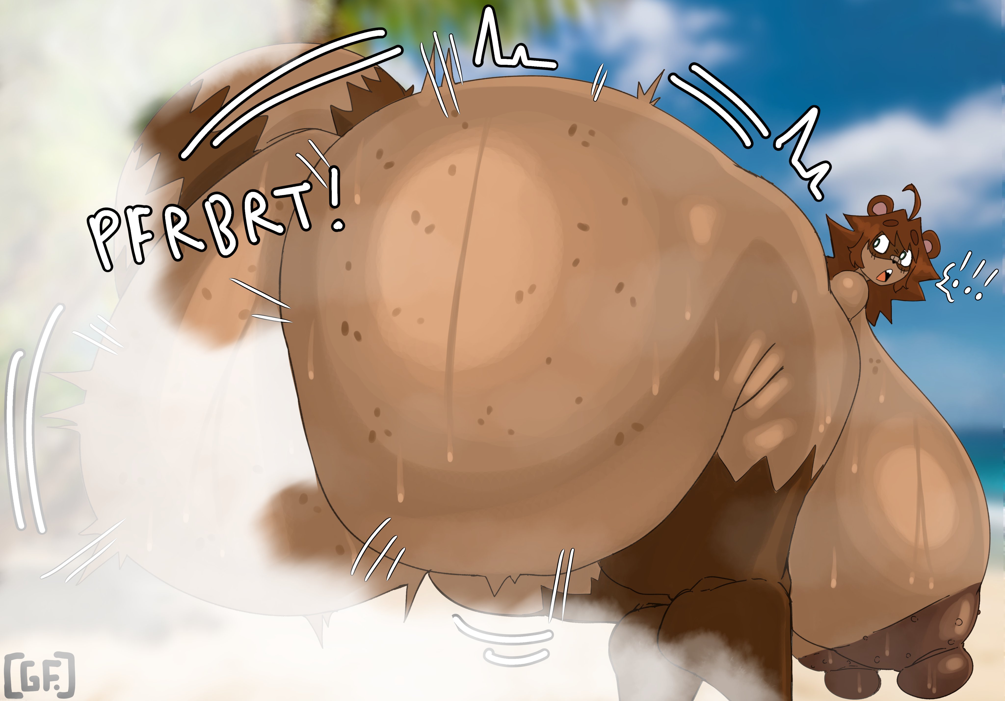 1girls, alternate version available, anthro, areolae, ass, ass bigger than head, ass expansion, beach, beach background, behind view, bent over, big areola, big ass, big breasts, big butt, blurry background, breasts, breasts bigger than head, bubble ass, bubble butt, curvaceous, curvy, curvy figure, english text, erect nipples, fart, fart cloud, fart fetish, female, female only, furry, ghostfuckrr, green eyes, growth, huge ass, huge breasts, hyper ass, hyper breasts, looking back, montgomery glands, musk, musk clouds, musky butt, nipples, nude, onomatopoeia, open mouth, panko (ghostfuckrr), solo, solo female, steam, steam fart, steaming body, steamy ass, surprised, surprised expression, sweat, sweating, sweaty, sweaty ass, sweaty body, sweaty breasts, sweaty butt, sweaty thighs, tail, tanuki, tanuki girl, text, thick thighs, voluptuous, voluptuous female, white fart, wide hips