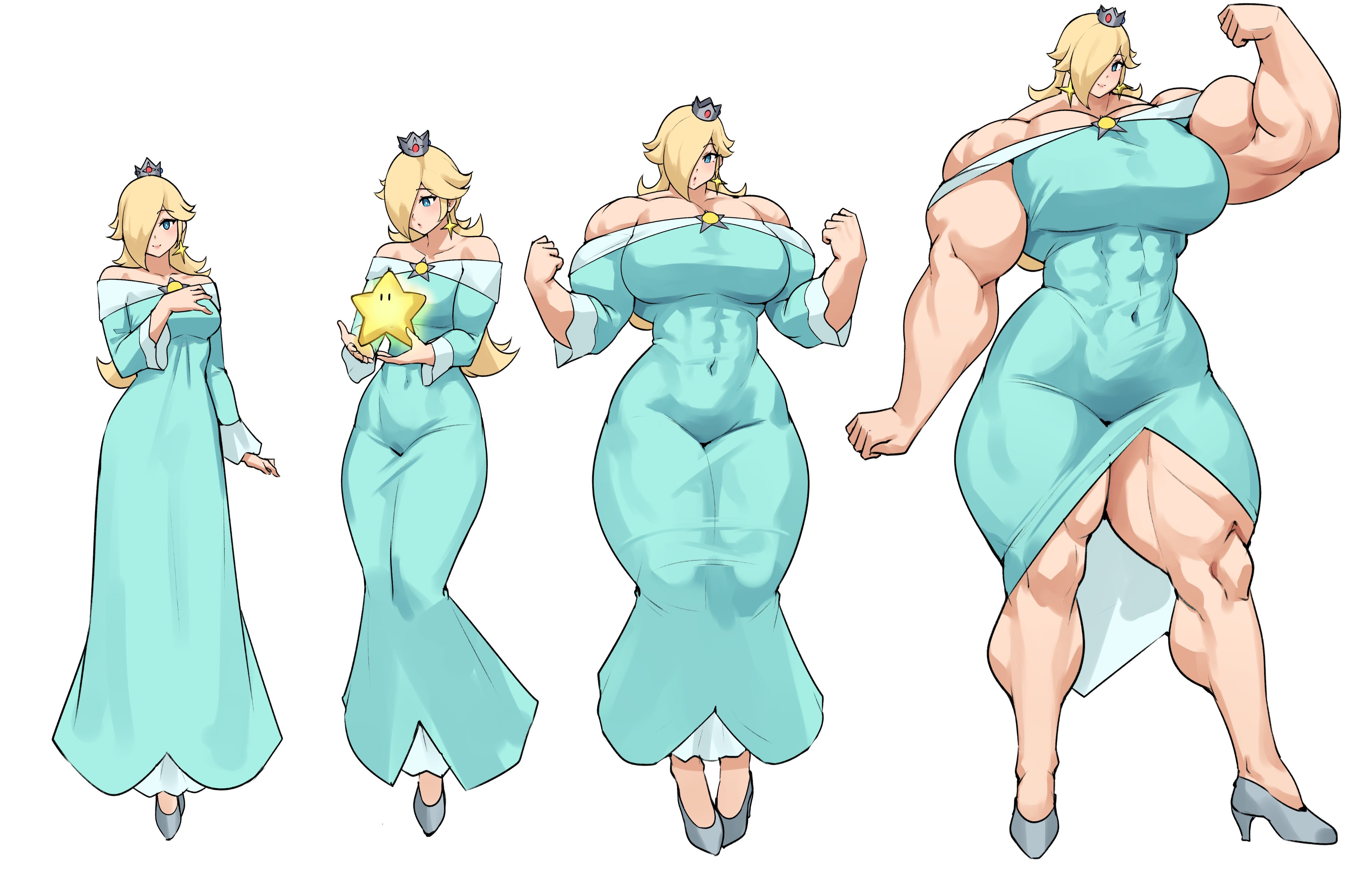 1girls, alternate muscle size, before and after, breast expansion, breast growth, breast growth (enlargement), breasts, bulky, bulky female, clothing, crown, dress, expansion, female, female only, human, light skin, mario (series), muscle growth, muscles, musctonk, muscular, muscular arms, muscular breasts, muscular female, muscular legs, muscular thighs, nintendo, pecs, princess, princess rosalina, royalty, super mario bros.