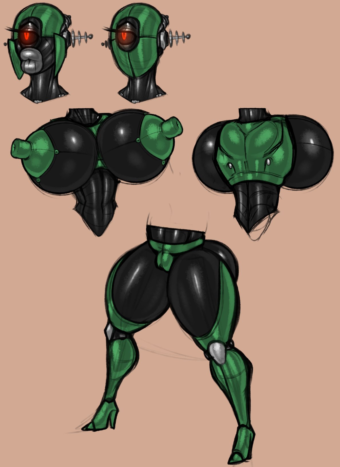areola, assaultron, breasts, earless, erect nipples, fallout, female, huge breasts, morningstarlewds, nipples, no source, pussy, robot, solo, thick thighs, wide hips