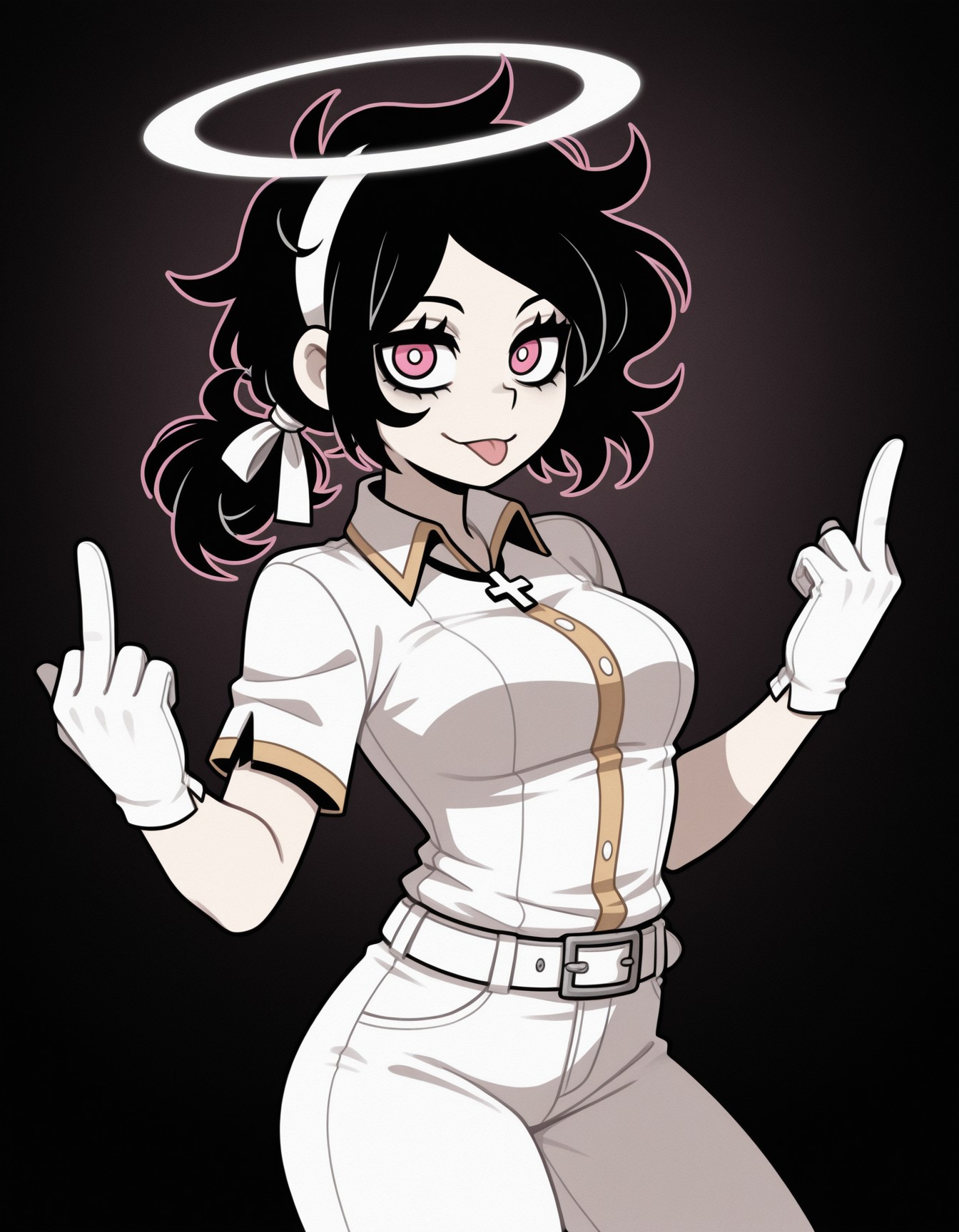 ai generated, ashley graves, azazel (helltaker), belt, black hair, breasts, cross, cross necklace, crossover, earlgray26, female, female only, gloves, halo, helltaker, looking at viewer, middle finger, necklace, pants, shirt, solo, solo female, the coffin of andy and leyley, tongue, tongue out, white gloves, white pants, white ribbon, white shirt
