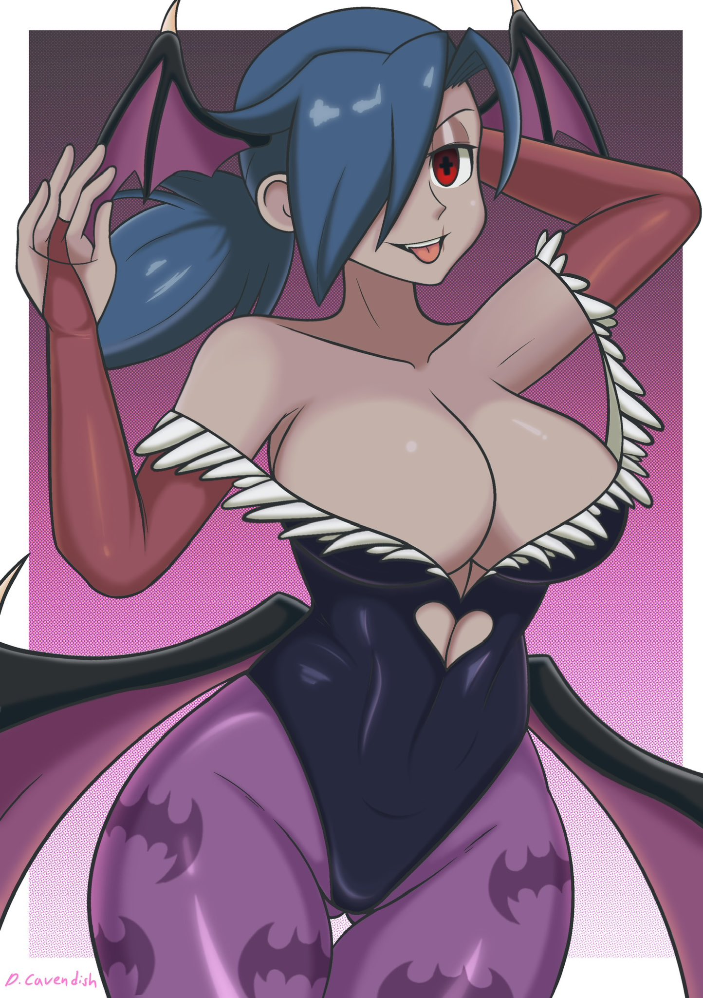 1girls, bat wings, big breasts, big thighs, big titties, blue hair, breasts, cavendizh, clothing, cosplay, curvaceous, curvaceous female, curvaceous figure, curvy, curvy figure, curvy hips, darkstalkers, female, female focus, female only, head wings, huge breasts, large breasts, long hair, looking at viewer, morrigan aensland (cosplay), red eyes, skullgirls, valentine (skullgirls), wings