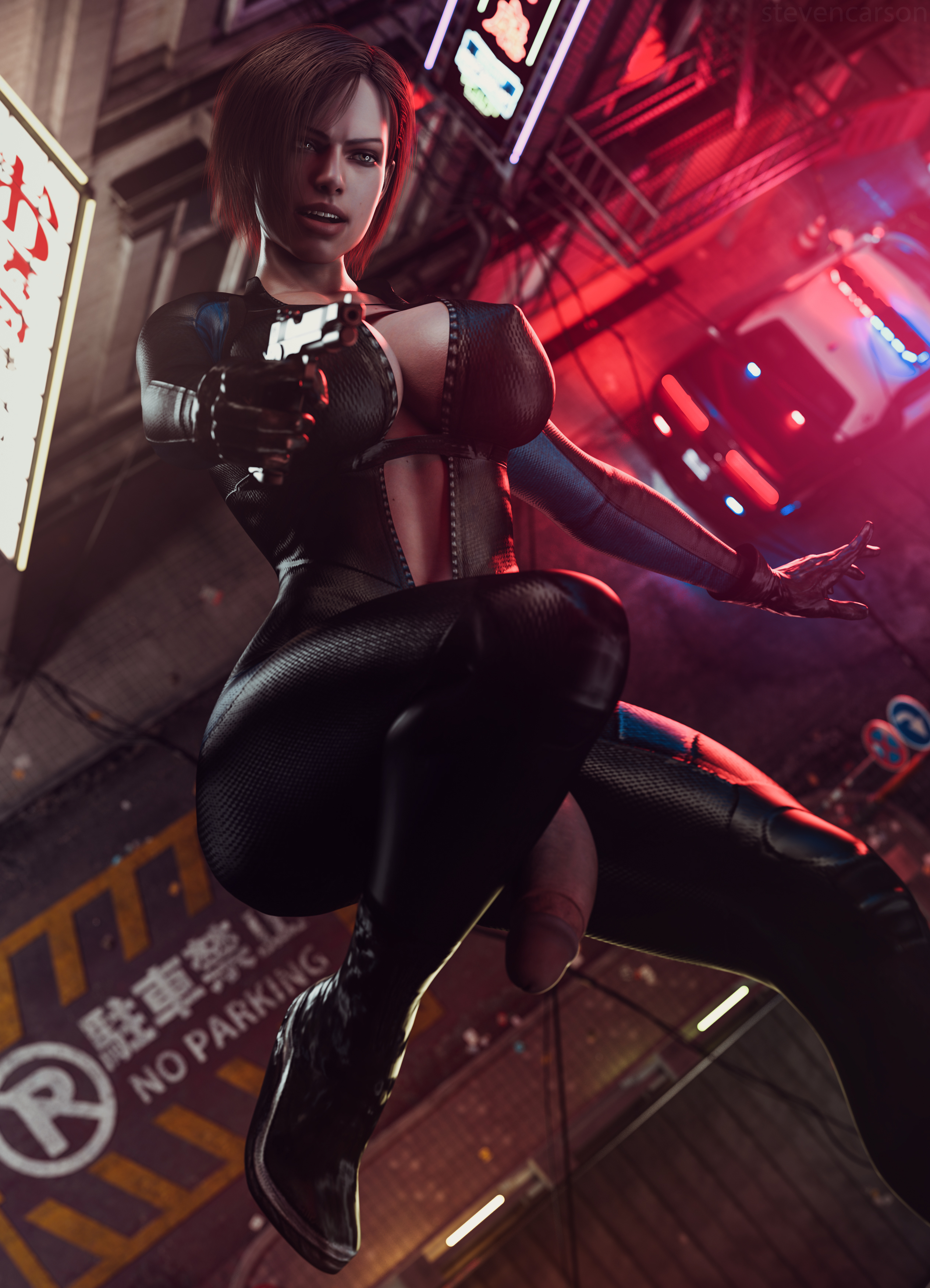 1futa, 3d, absurdres, ass, balls, breasts, cleavage, crotchless, curvy, erect nipples, female, futa only, futa sans pussy, futanari, half-erect, highres, huge breasts, intersex, jill valentine, jill valentine (julia voth), large ass, large penis, light skin, light-skinned female, muscular, muscular futa, nipple bulge, nipples, penis, penis out, realistic, resident evil, resident evil remake, solo, solo futa, stevencarson