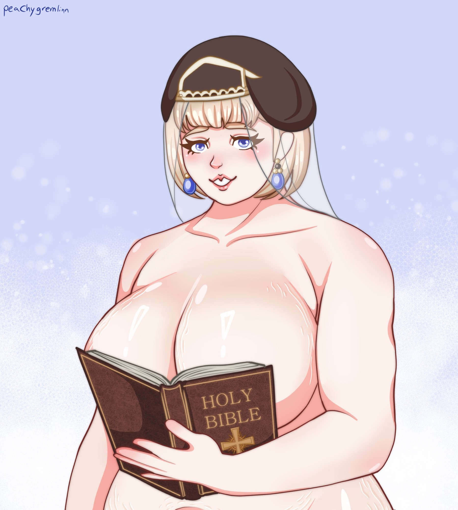 1girls, 2025, bible (object), blonde hair, blue background, book, breasts, chubby, chubby female, covered nipples, covering breasts, digital media (artwork), female, female only, fire emblem, fire emblem: three houses, hat, holding bible, holding book, huge breasts, large breasts, meme, mercedes von martritz, mercedes von martritz (timeskip), naked, naked female, nude, nude female, ouch meme, overweight, overweight female, peachygremlinn, solo, solo female, stretch marks
