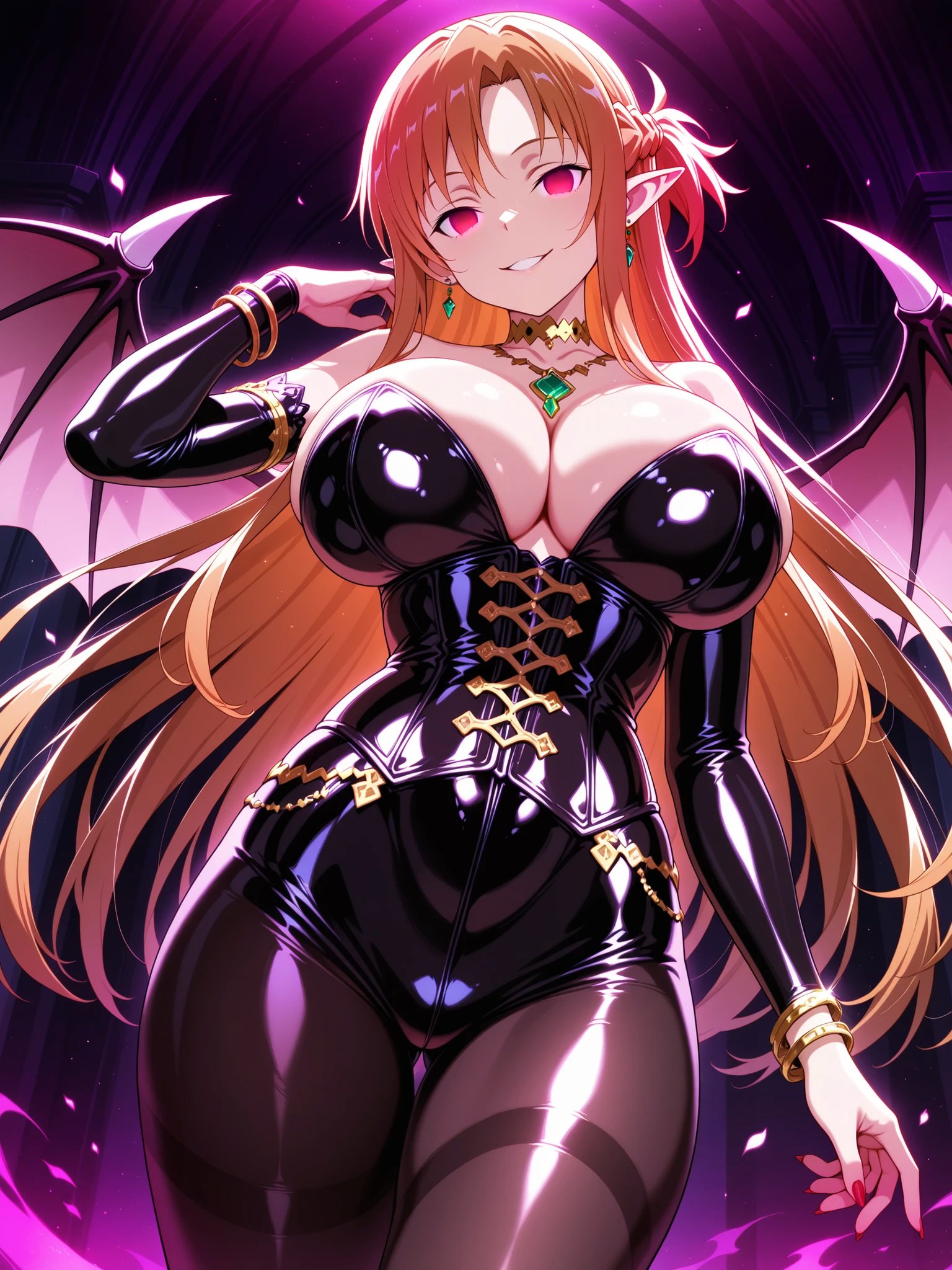 ai generated, alfheim online, breasts, cleavage, demon, empty eyes, female, female only, femsub, hypnosis, long hair, looking at viewer, mcdaisukimen, mind control, orange hair, red eyes, solo, succubus, succubus wings, sword art online, titania (sao), wings, yuuki asuna