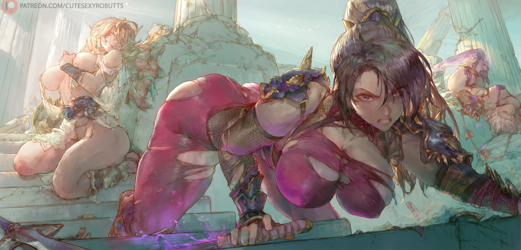 2d, 2d (artwork), 3girls, all fours, ass, aura, bare shoulders, blonde hair, braid, braided hair, breasts, cleavage, column, cutesexyrobutts, defeated, defeated heroine, female, fishnets, functionally nude, gauntlets, hand covering breasts, hand on breast, heroines, high resolution, highres, huge ass, huge breasts, isabella valentine, landscape, large ass, large breasts, long hair, looking at viewer, nipple bulge, nipples visible through clothing, no sex, oni, ponytail, ripped clothing, ruins, short hair, shoulder armor, shoulder pads, sophitia alexandra, soul calibur, soul calibur iv, sword, taki (soulcalibur), tattered clothing, thick thighs, thighs, torn clothes, weapon, whip, white hair