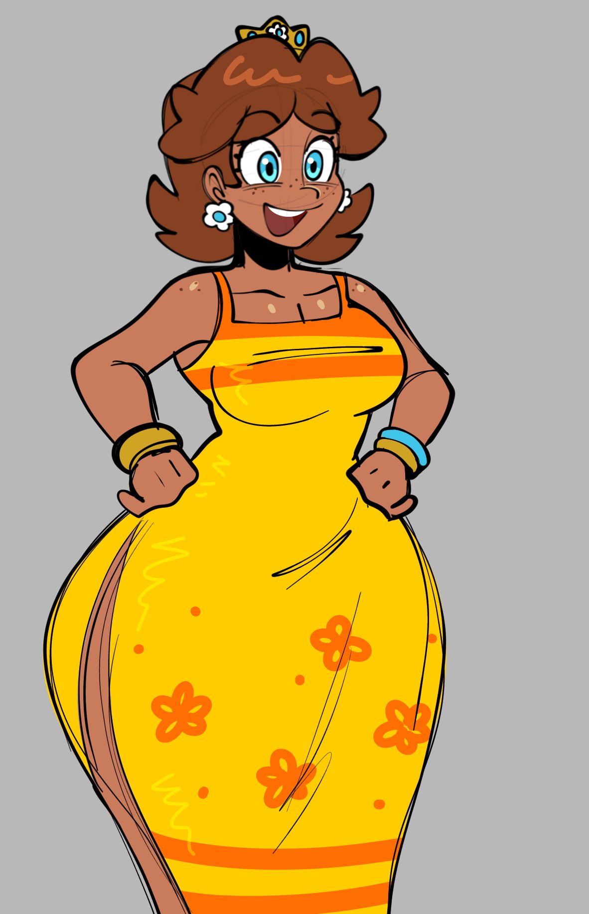 1girls, curvy female, cute, dress, earrings, female, freckles, jamcassette, jammedvhs, mario (series), princess daisy, solo, standing, tagme, tan, tanned, wide hips