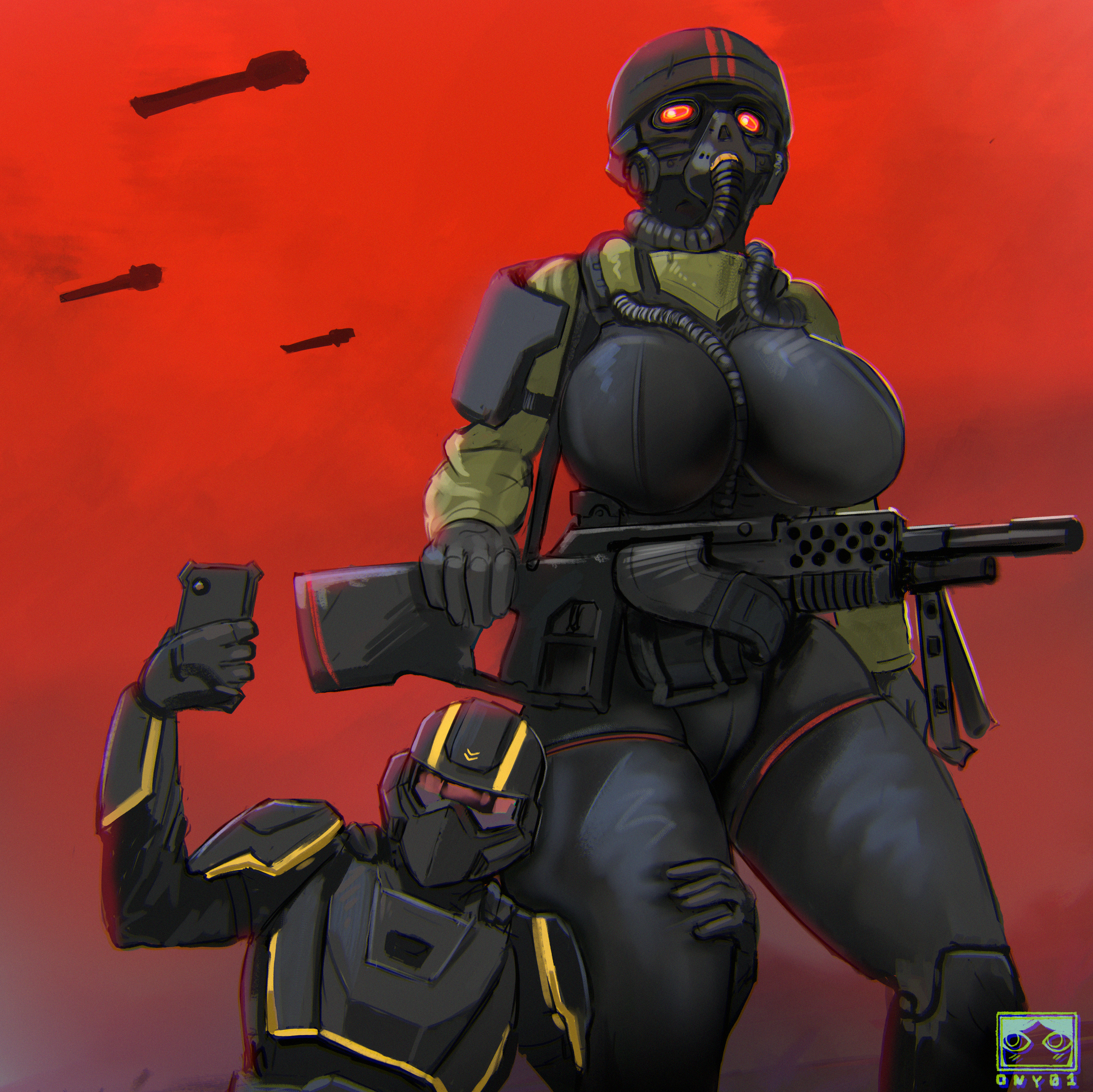1boy, 1girls, assault rifle, bodysuit, breasts, crossover, duo, female, gas mask, gun, height difference, helghast, helldiver (helldivers), helldivers, helldivers 2, helmet, holding phone, huge breasts, impossible clothes, killzone, male, mommy kink, ony01, pauldrons, red sky, selfie, sony interactive entertainment, straight, tall female, taller female, thick thighs, thigh hug