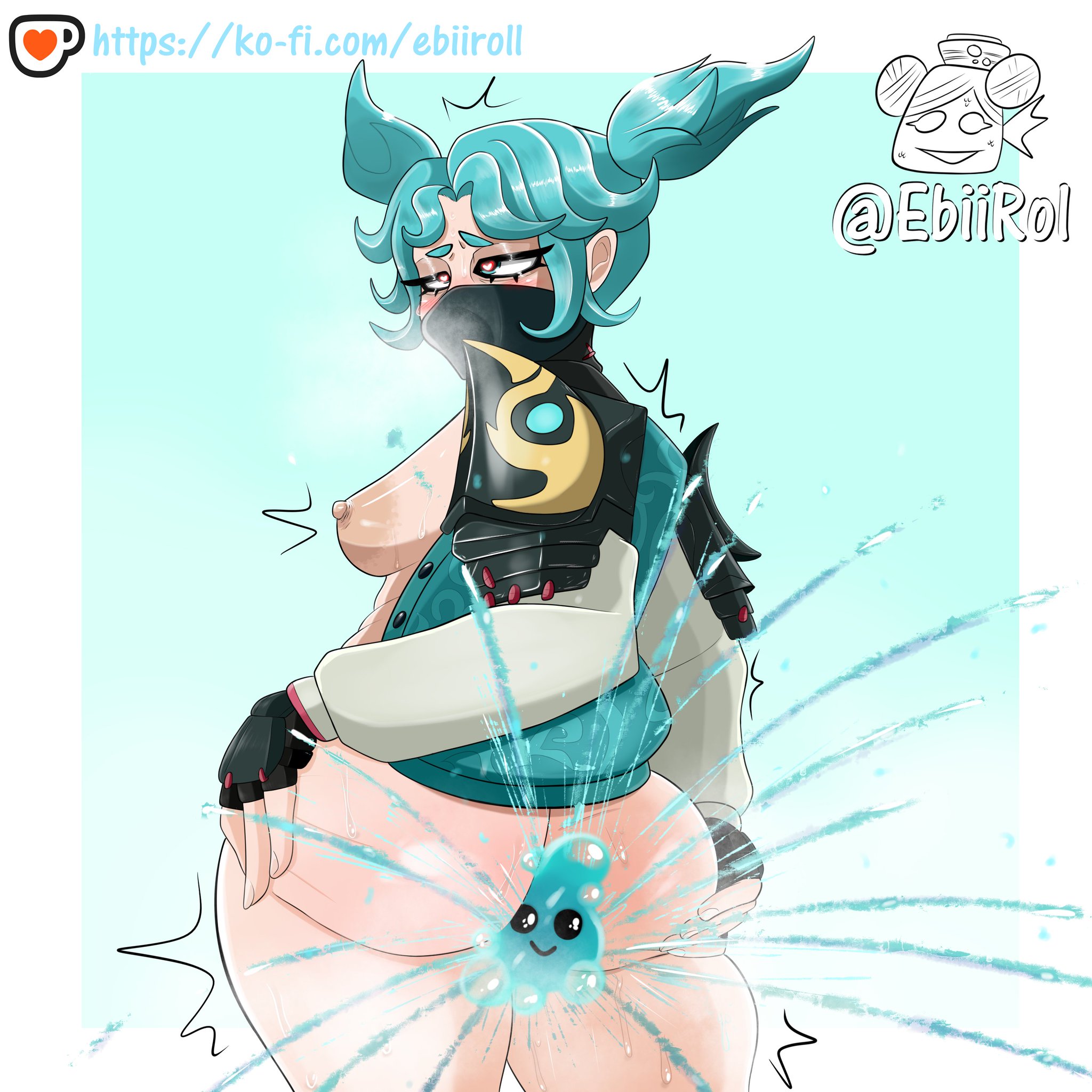 anal, anal insertion, anal sex, ass, big ass, big breasts, blue eyes, blue hair, blue-haired female, blush, breasts, completely nude, ebiirol, female, fingerless gloves, fortnite, futanari, heart, heart eyes, heart-shaped pupils, hourglass figure, hourglass figured futa, intersex, jacket, jacket open, jade (fortnite), mask, masked, masked female, nude, nude female, shiny, shiny skin, slurp in ass, sprite (fortnite), steam, steamy, steamy breath, thick thighs, twintails, voluptuous, voluptuous female