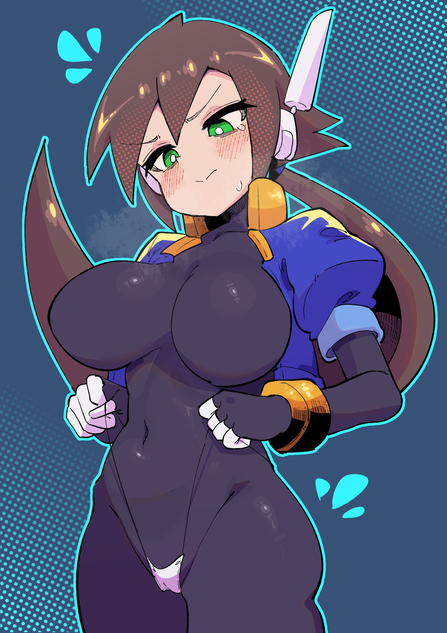 1girls, aile, aile (mega man zx), ass, bikini, bikini bottom, bikini bottom only, blue background, blue jacket, blush, bodysuit, breasts, brown hair, buzzlyears, cameltoe, embarrassed, embarrassed female, female, female focus, female only, functionally topless, green eyes, jacket, large breasts, latex, latex suit, long hair, mega man, mega man zx, navel, navel visible through clothes, pulling clothing, pussy, pussy visible through clothes, shiny, solo, solo female, solo focus, sweat, thick thighs, tight clothing, tight fit, vagina, vagina visible through clothing, very long hair