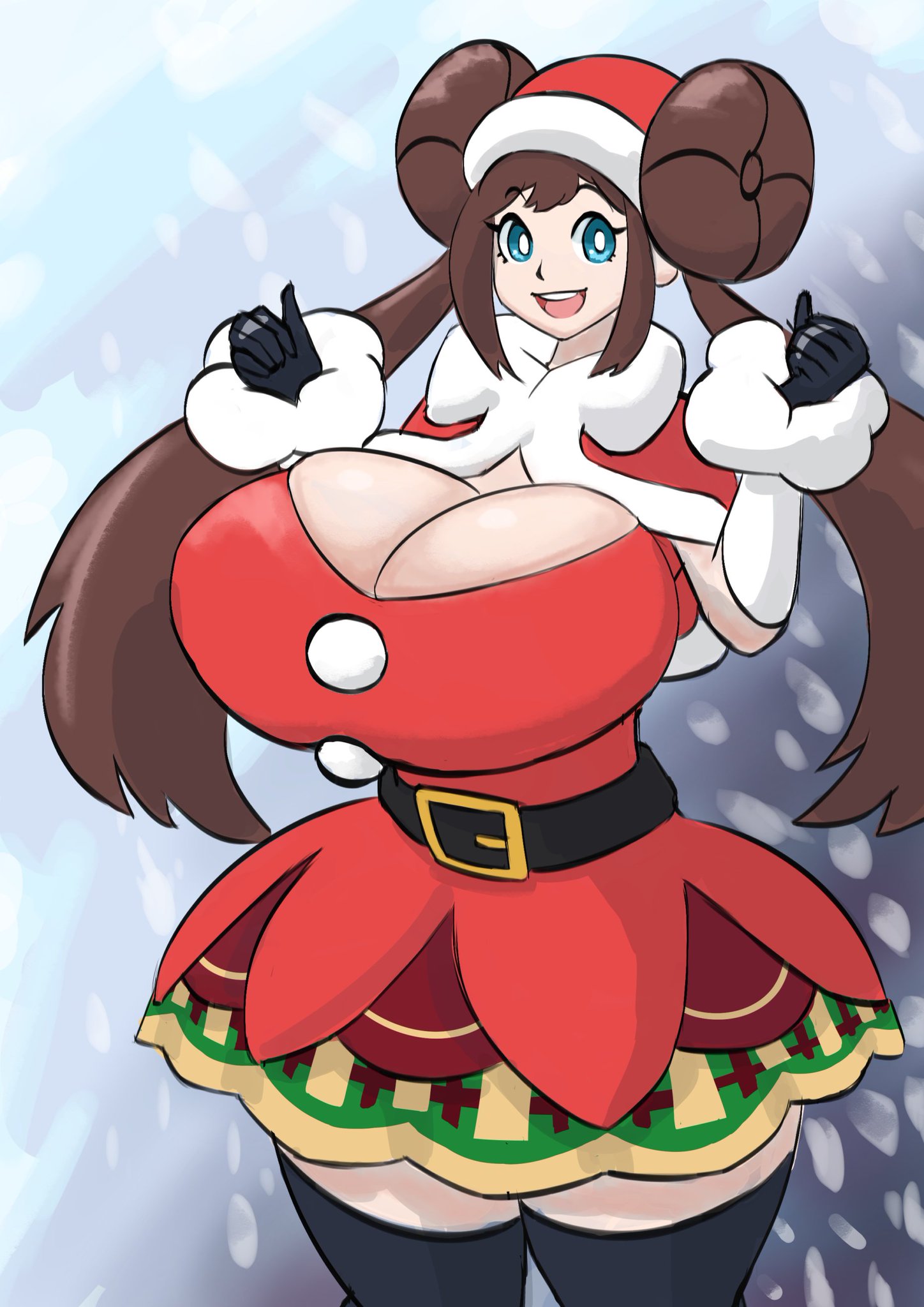 1girls, alternate breast size, alternate costume, alternate outfit, artist request, belt, blue eyes, breasts, brown hair, bursting breasts, christmas, cleavage, double bun, dress, eye contact, female, female only, gloves, holiday rosa, huge breasts, human, long hair, looking at viewer, nintendo, pokemon, pokemon bw2, pokemon masters, rosa (pokemon), sketch, smile, solo, source request, standing, thick thighs, thighhighs, twintails, wide hips