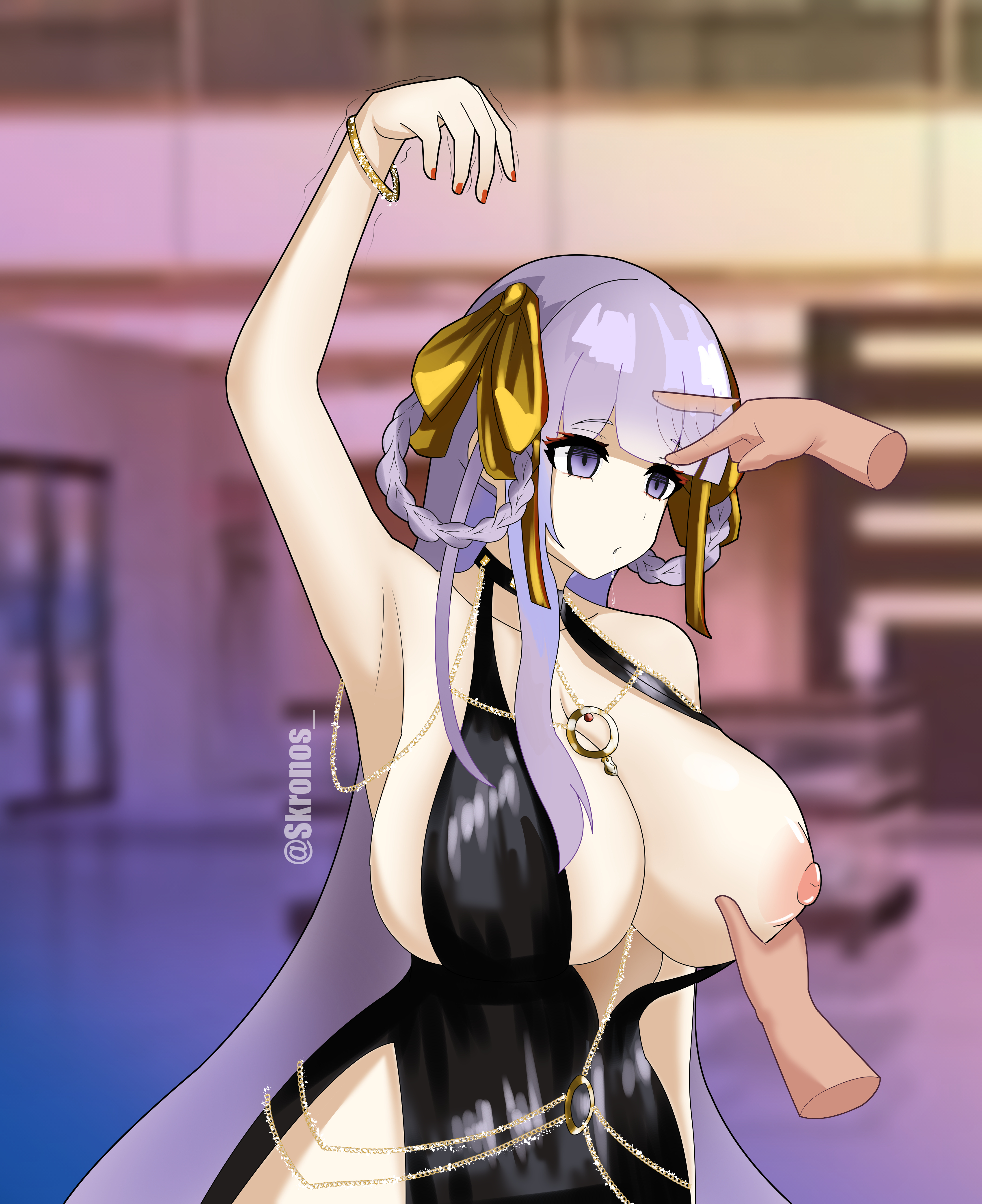 absurdres, arm levitation, armpits, bare shoulders, bb (fate/extra), bracelet, braid, breast grab, breasts, choker, collarbone, disinterested, dollification, dress, drool, empty eyes, expressionless, eyebrows visible through hair, fate (series), fate/extra, fate/extra ccc, fate/grand order, female, female only, femsub, finger to forehead, frozen, gold, hair ornament, hair ribbon, huge breasts, hypnosis, imminent rape, indifference, indifferent, jewelry, kronobas28, large breasts, long hair, nail polish, necklace, nipples, one breast out, phantom hand, purple eyes, purple hair, ribbon, signature, solo, tagme, trembling, unaware, unaware hypnosis, unbothered, uncaring, very long hair, voluptuous, voluptuous female, watermark