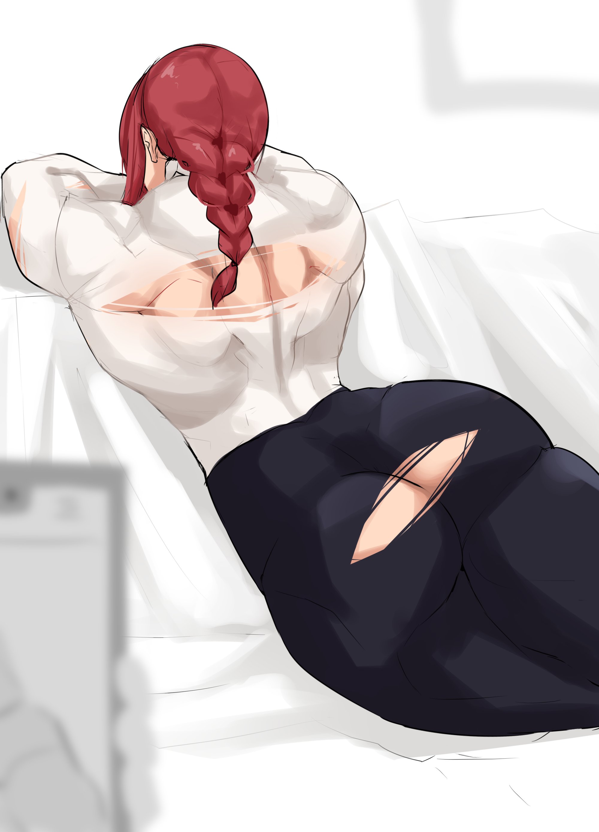 alternate muscle size, ass, back muscles, chainsaw man, female, makima (chainsaw man), muscles, musctonk, muscular, muscular female, red hair, wardrobe malfunction