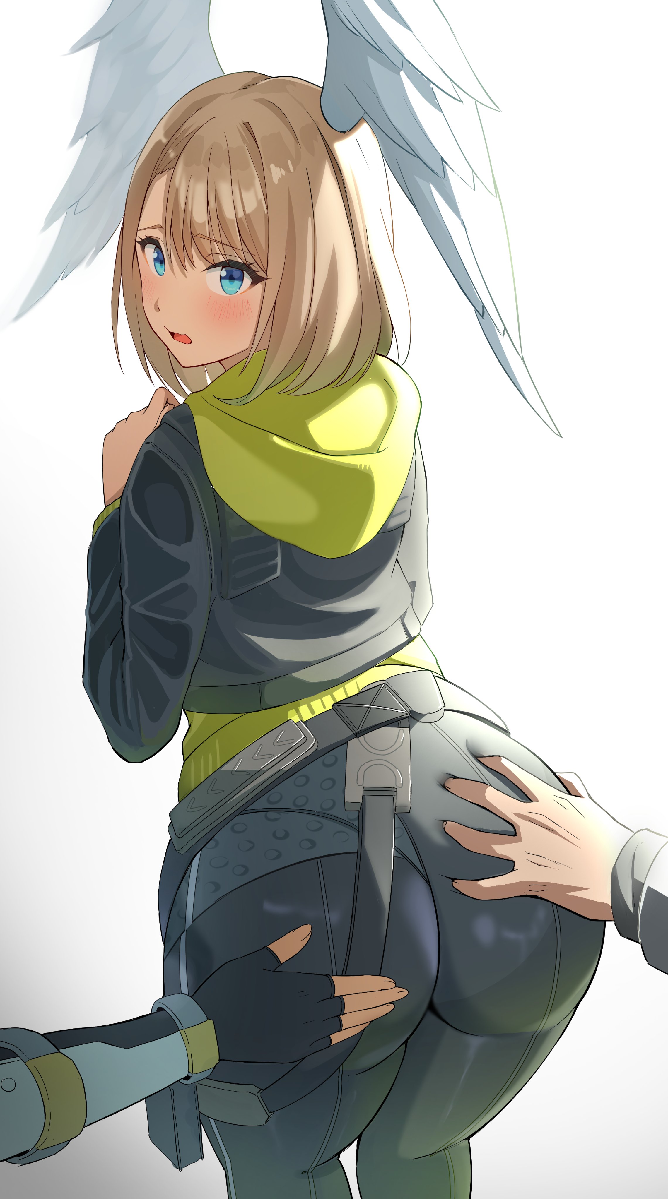 absurdres, ass, black bodysuit, black jacket, blue eyes, bodysuit, breasts, brown hair, eunie (xenoblade), female, female only, fingerless gloves, from behind, gloves, green hoodie, groping, head wings, highres, hood, hoodie, jacket, large breasts, long hair, medium hair, oruru63100814, sena (xenoblade), simple background, taion (xenoblade), white wings, wings, xenoblade (series), xenoblade chronicles 3