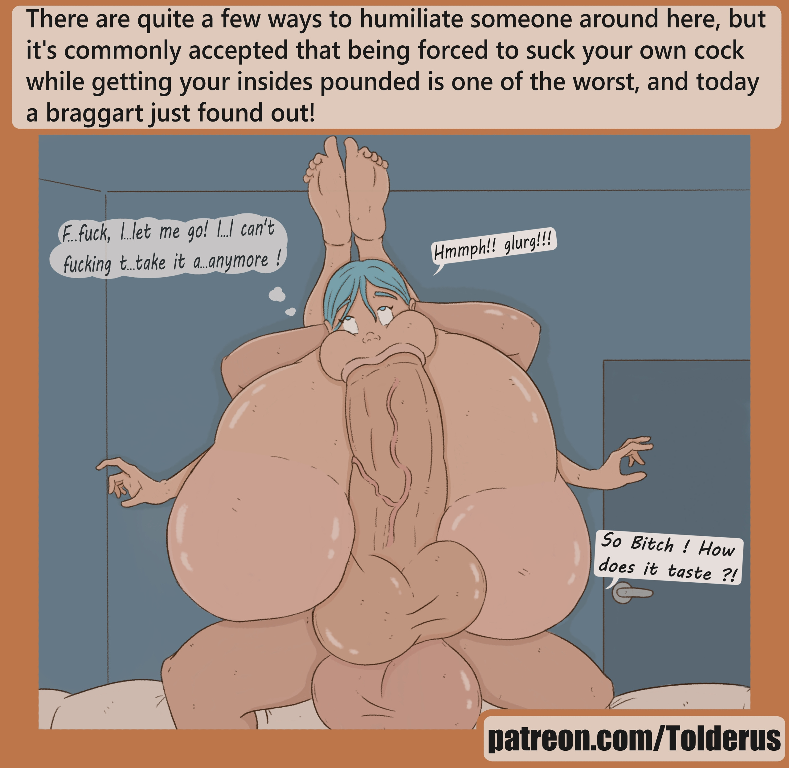ambiguous consent, ambiguous penetration, anal, anal sex, ass, autofellatio, balls, blue hair, colored, deep penetration, dickgirl, dickgirl/dickgirl, dubious consent, edit, full nelson, futa on futa, futanari, getting blowjob while penetrated, grabbing, huge ass, huge balls, huge cock, humiliated, humiliation, hung bottom, hyper ass, hyper penis, intersex, patreon, penis, questionable consent, rape, restrained, self lick, shiin (edit), text, tolderus