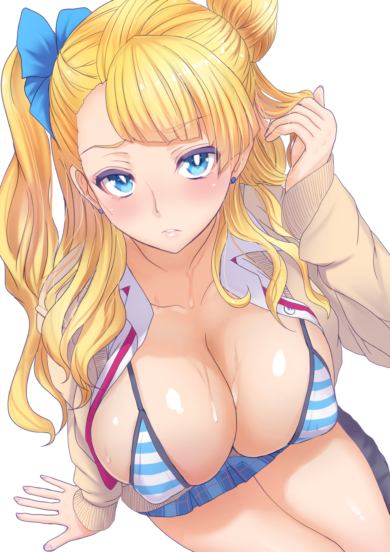 1girls, bangs, bikini, blonde hair, blue bikini, blue eyes, blush, breasts, bright pupils, cleavage, clothing, female, galko, gyaru, hair bun, high resolution, large breasts, light skin, light-skinned female, long hair, miyamoto issa, one side up, oshiete! galko-chan, pale skin, pale-skinned female, parted lips, plaid, plaid skirt, side bun, simple background, skirt, solo, striped, striped bikini, striped swimsuit, swimsuit, tied hair, white background