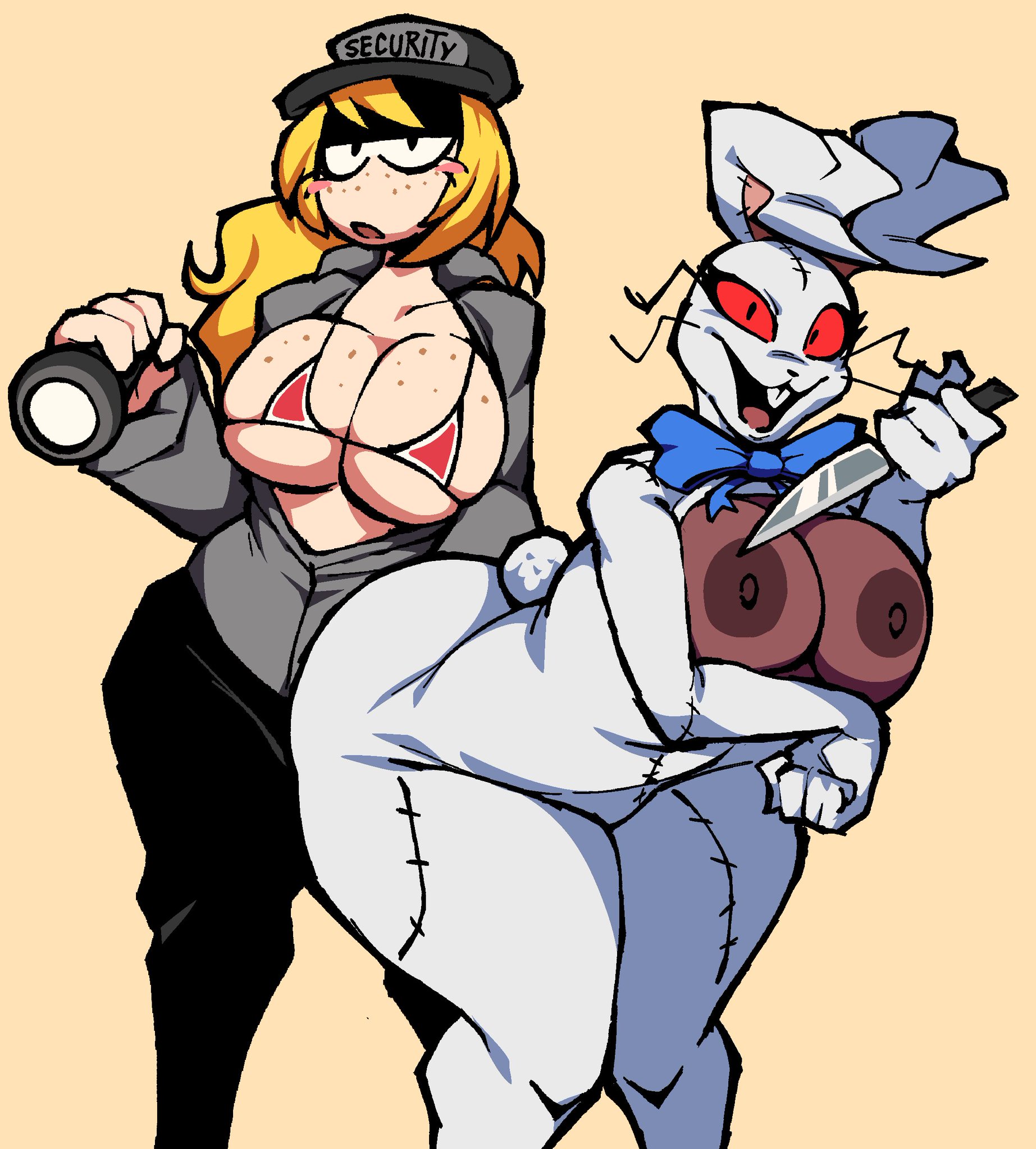 2girls, 2humans, big ass, big breasts, breasts out, female only, five nights at freddy's, five nights at frickbears, five nights at frickbears 3, flashlight, hcyclops66, huge ass, huge breasts, human, knife, vanessa (fnaf), vanessa shelley (frickbears), vannabelle (frickbears 3), vanny, vanny (fnaf), vanny (frickbears)