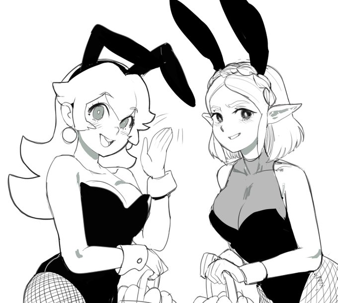 2girls basket big_breasts breasts bunny_ears bunny_girl bunnysuit cleavage cuffs cuffs_(clothing) earrings easter easter_basket easter_egg egg egg_basket eggs elf_ears eyebrows_visible_through_hair fake_animal_ears female female_only fishnet_legwear fishnets holding_basket holding_object long_ears long_hair looking_at_viewer mario_(series) monochrome princess_peach short_hair simple_background smile stockings tears_of_the_kingdom the_legend_of_zelda waving white_background zelda_(tears_of_the_kingdom)