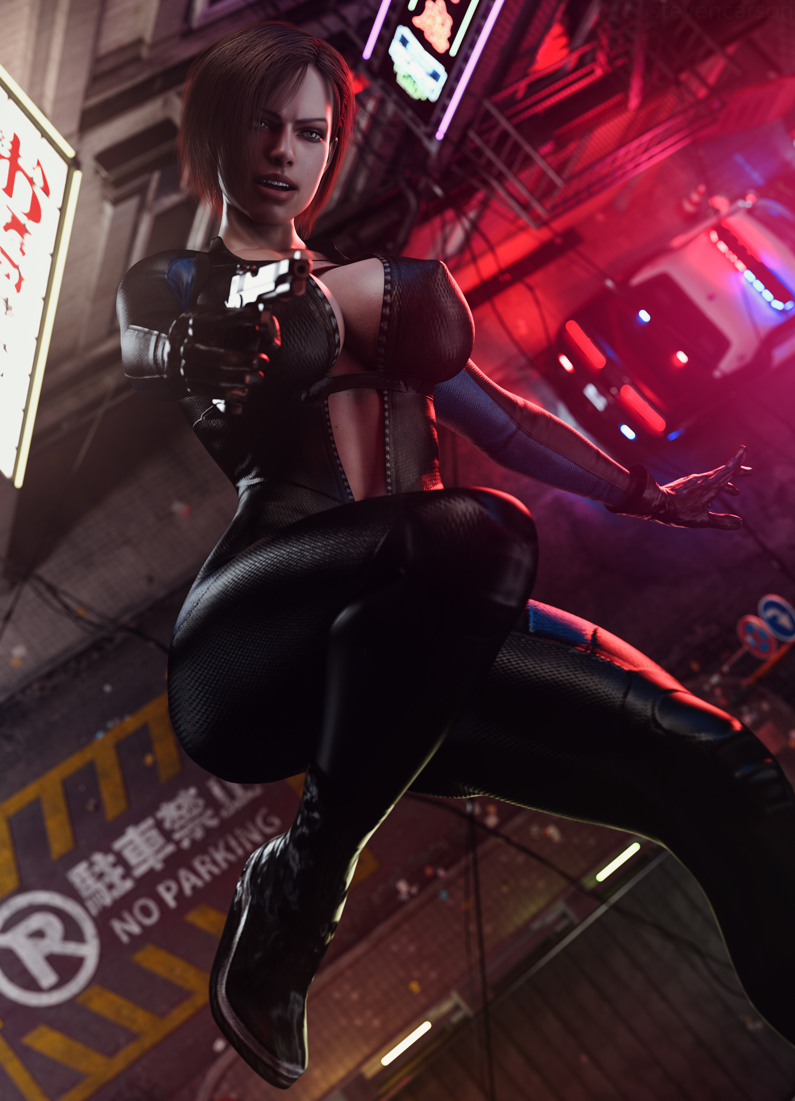1girls, 3d, absurdres, breasts, cleavage, curvy, erect nipples, female, female only, highres, jill valentine, jill valentine (julia voth), large breasts, light skin, light-skinned female, nipple bulge, nipples, realistic, resident evil, resident evil remake, solo, stevencarson