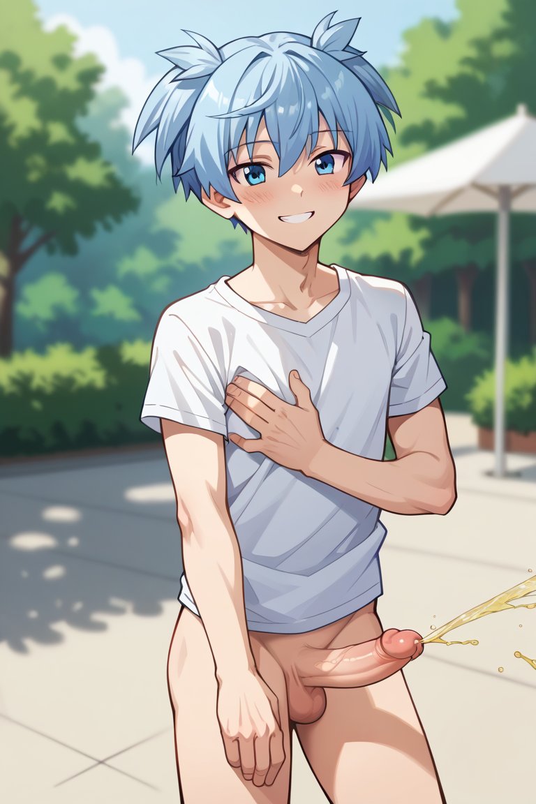 1boy ai_art ai_generated balls blue_eyes blue_hair blush cock dick genitals human human_only male male_focus male_only no_pants peeing penis shiota_nagisa slight_blush smile smiling solo_male testicles urine watersports white_shirt