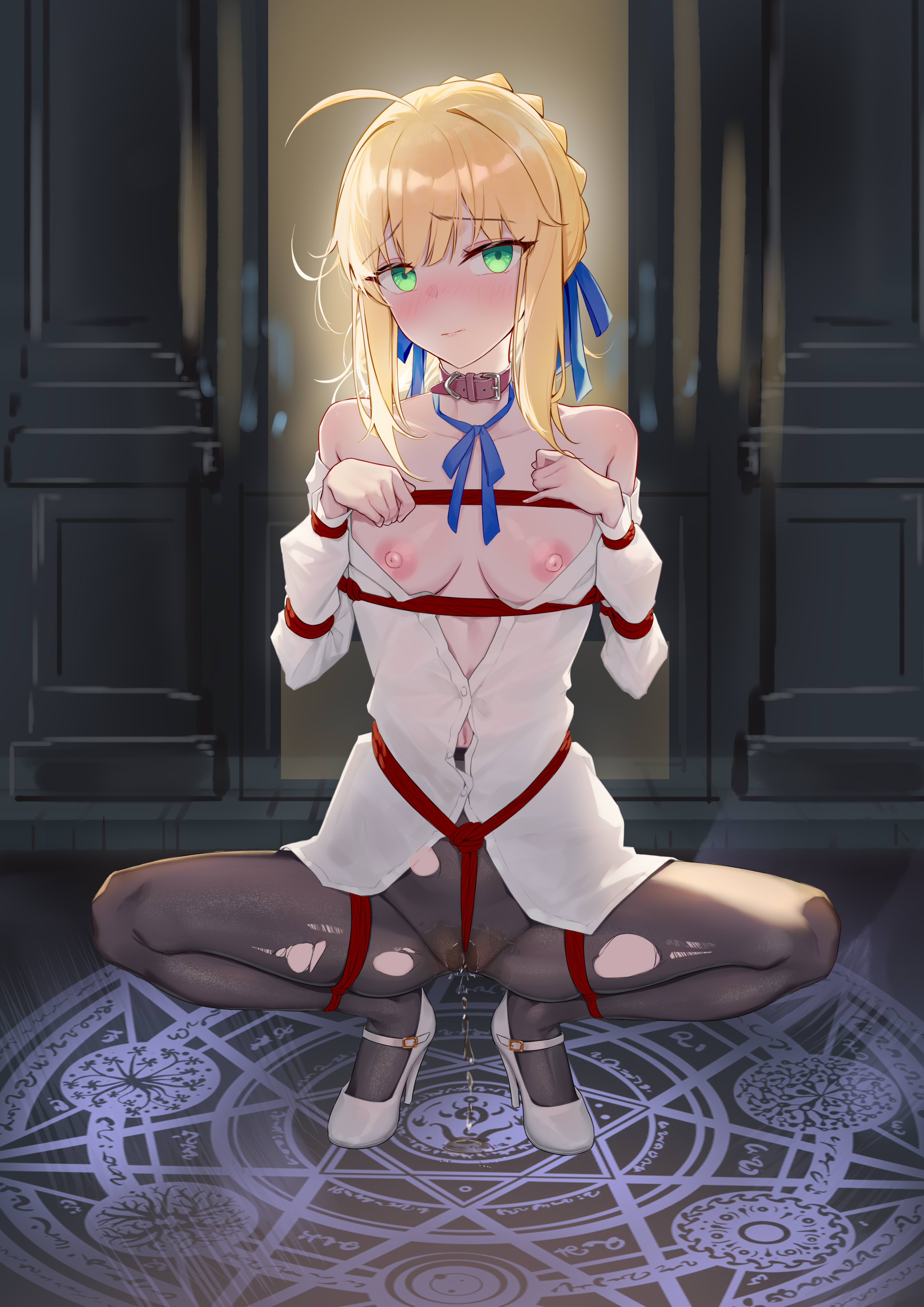 artoria pendragon, bound, fate (series), fate/grand order, fate/stay night, female, heels, no bra, pantyhose, pentagram, pussy, pussy juice, qaq baiguang, thighband pantyhose