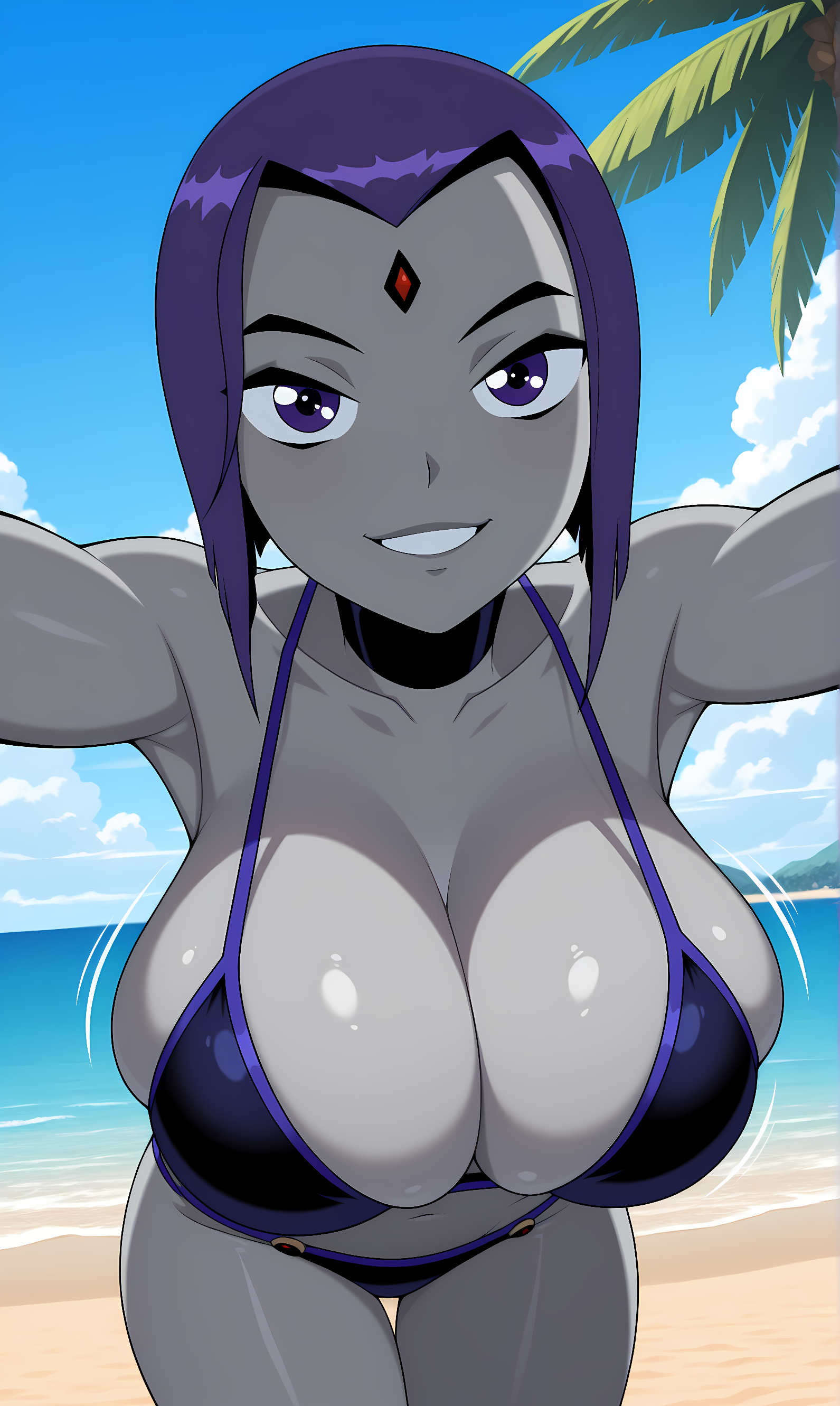 1girls, ai generated, big breasts, bikini, bonnieaiart, breasts, female, pov, raven (dc), smile, swimsuit, tagme, teen titans, teenage female, teeth